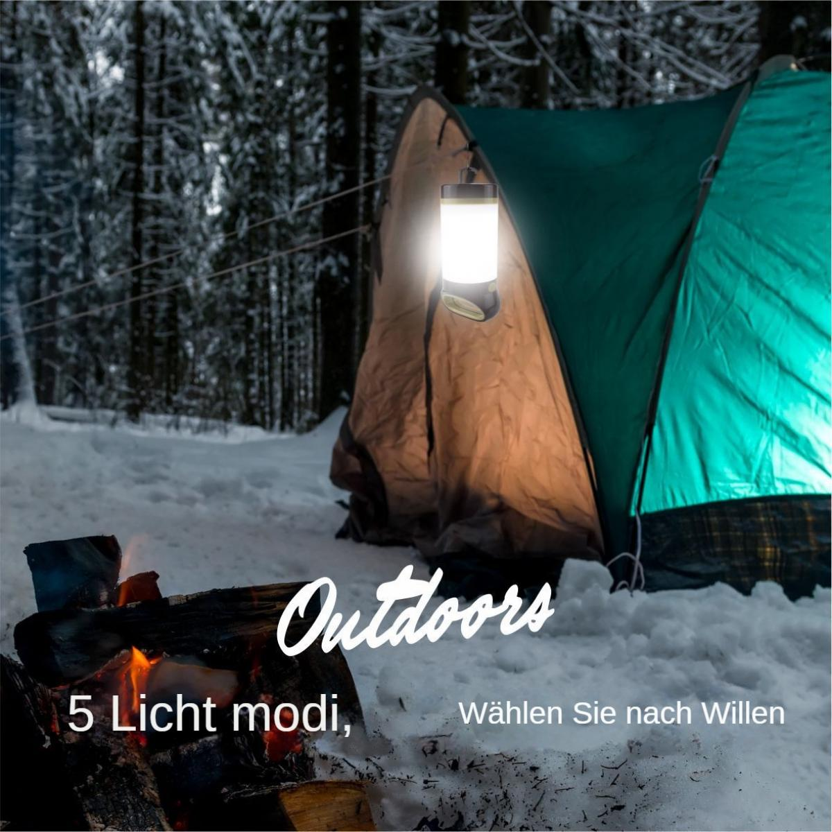 Eine leuchtende Laterne hängt in der Nähe eines Zeltes in einem verschneiten Wald. Ein Lagerfeuer brennt im Vordergrund. Text: Outdoor, 5 Modi, wähle nach Wunsch.