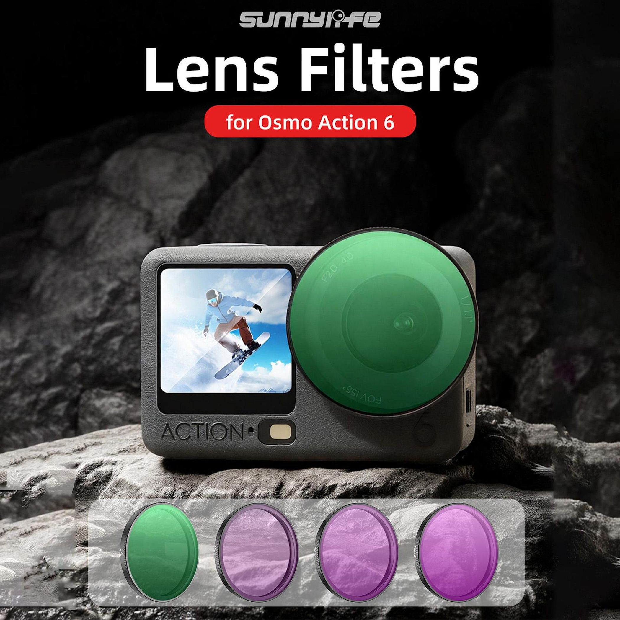 Bild zeigt Kamera mit grünem Filter, Text Lens Filters, für Osmo Action 6 und weitere farbige Filter.