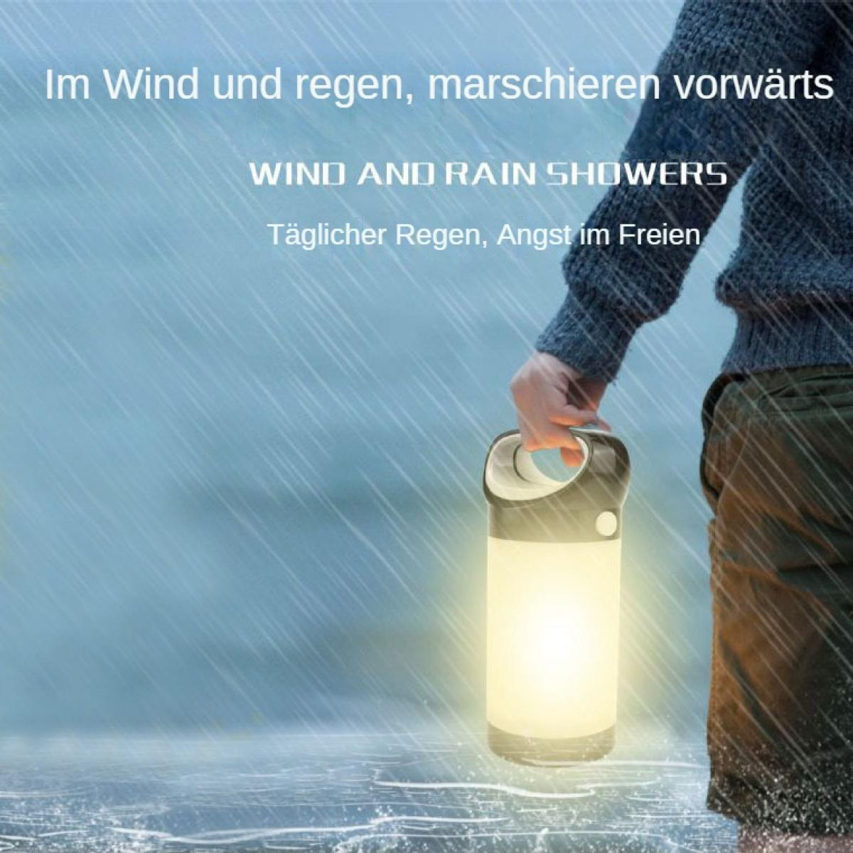 Eine Person hält eine leuchtende Laterne im Regen. Der Text oben lautet 'Wind und Regenschauer'. Die Szene ist draußen und bewölkt.