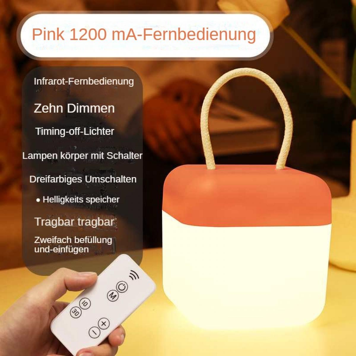 Eine rosa-weiße Lampe mit Griff neben einer Hand, die eine Fernbedienung hält. Text auf Deutsch beschreibt die Funktionen der Lampe.