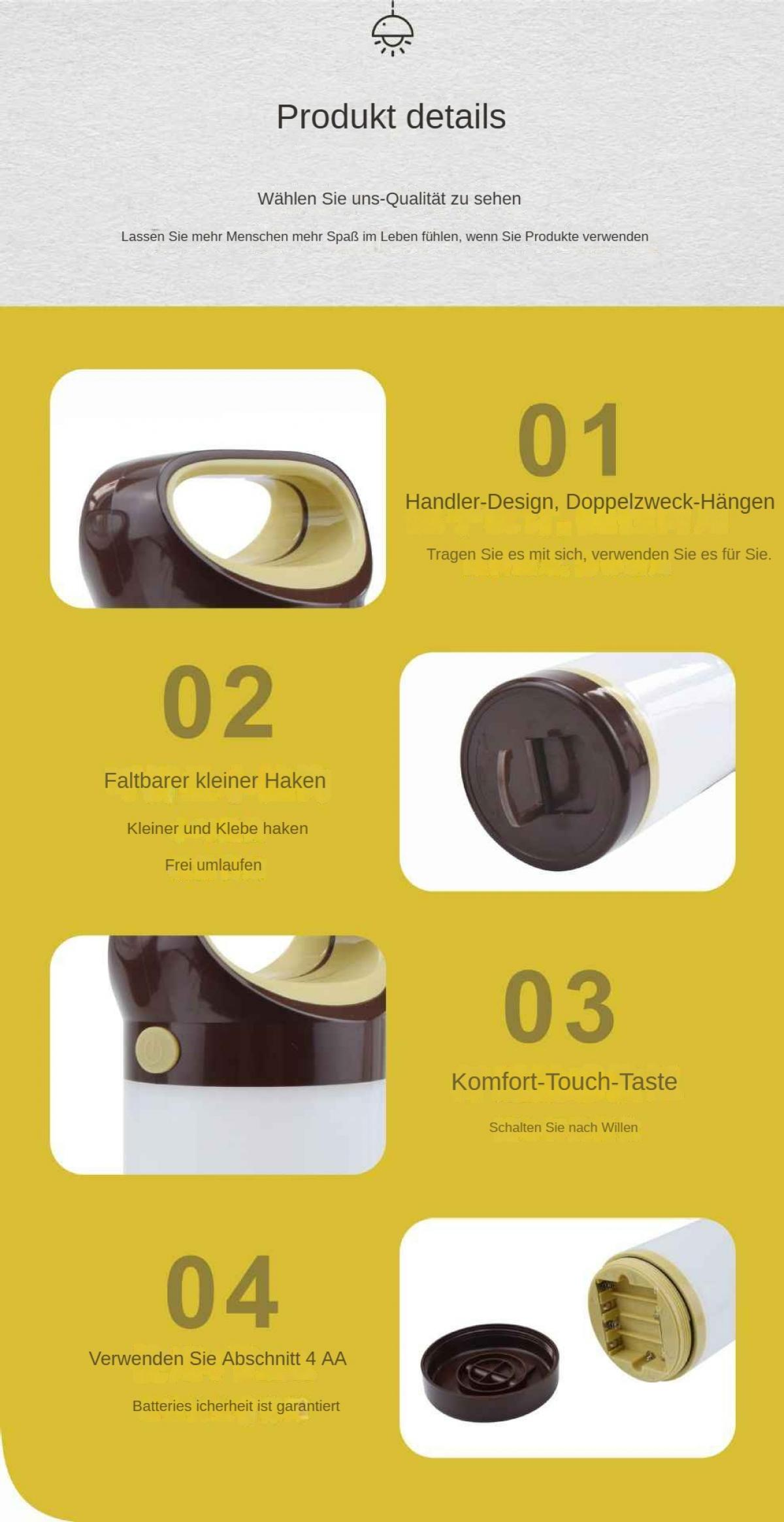 Das Bild zeigt Produktdetails mit nummerierten Merkmalen: Griff, faltbarer Haken, Komfort-Touch und Batterieverwendung. Gelber Hintergrund.
