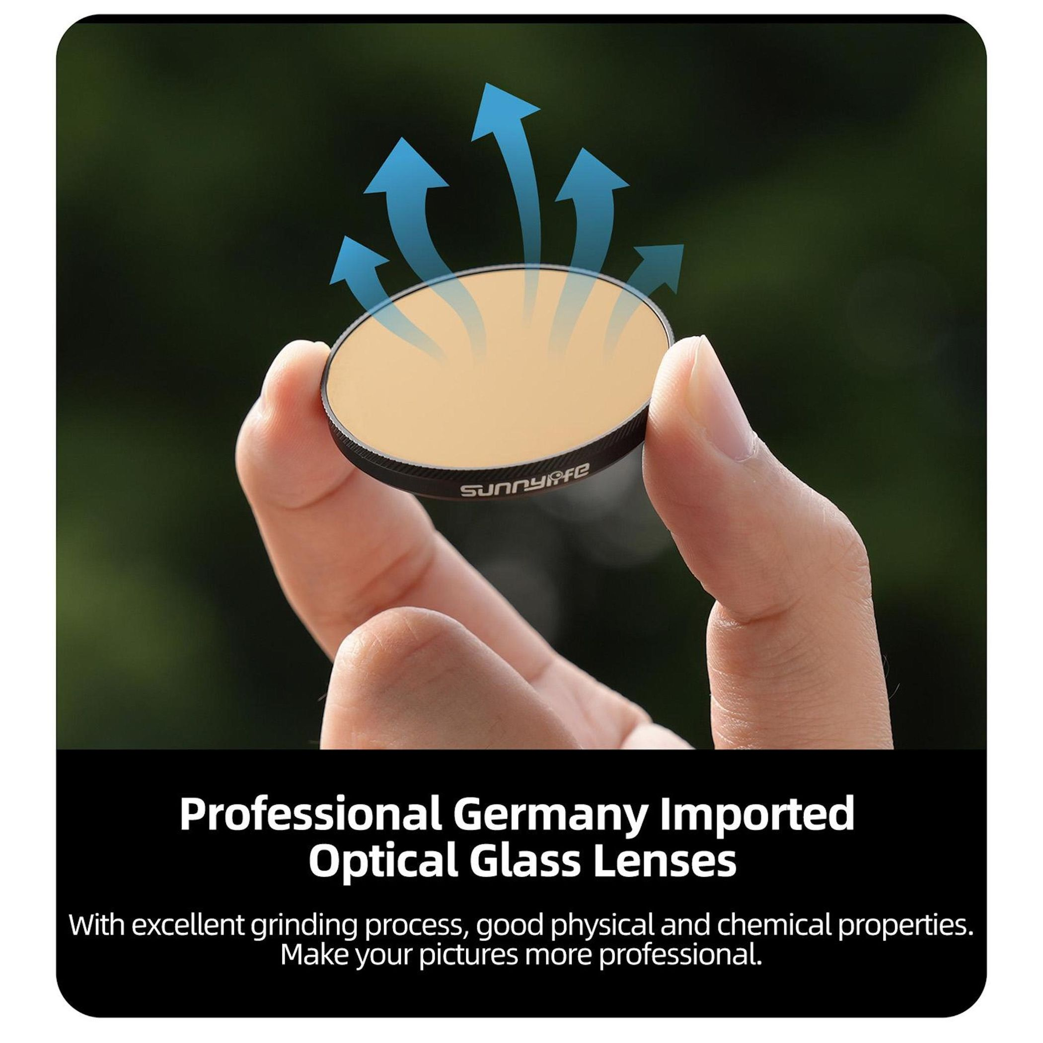 Eine Hand hält einen Kameraobjektivfilter. Blaue Pfeile gehen vom Filter aus. Der Text lautet 'Professional Germany Imported Optical Glass Lenses'.
