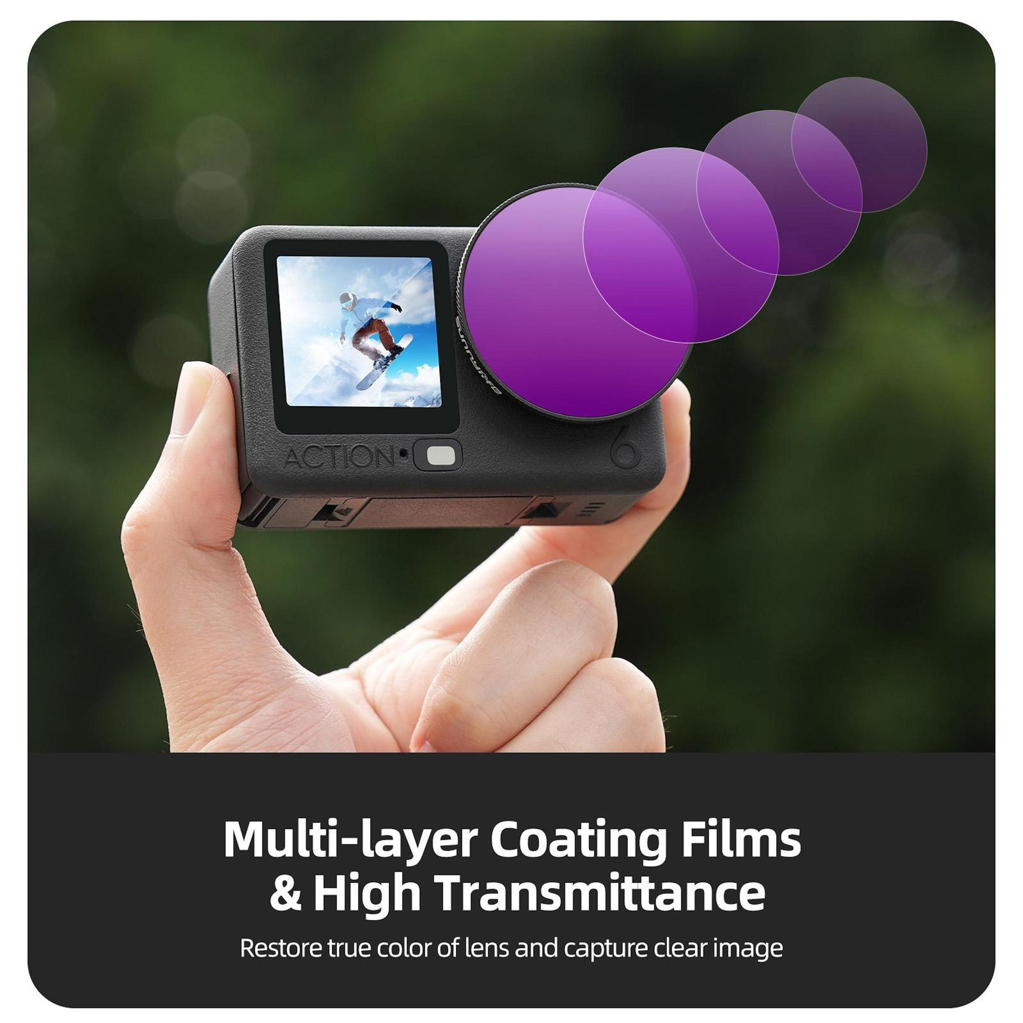 Hand hält Action-Kamera mit violetten Filtern. Der Bildschirm zeigt einen Snowboarder. Text: 'Multi-layer Coating Films'.