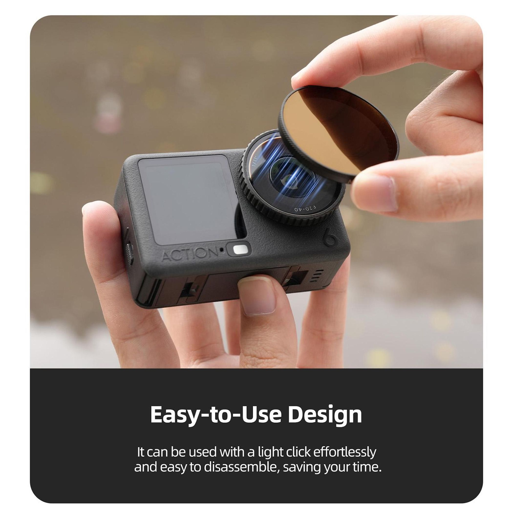 Eine Hand hält einen Objektivfilter über einer schwarzen Action-Kamera. Der Text lautet 'Easy-to-Use Design'.