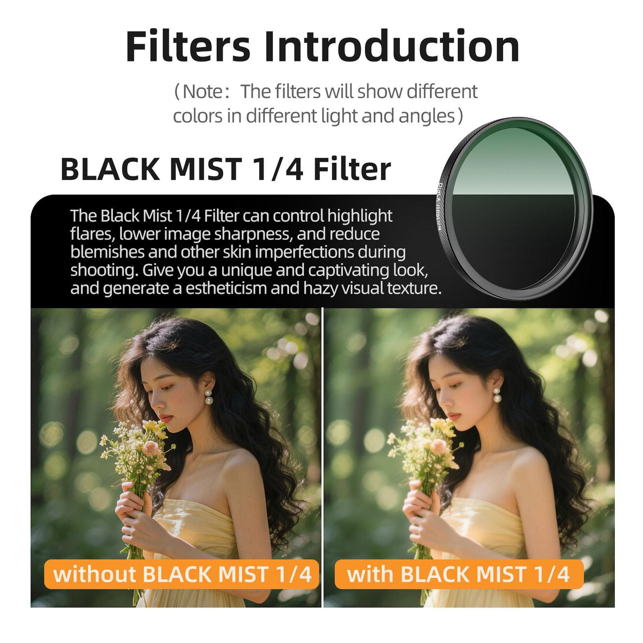 Das Bild zeigt einen Filter und zwei Frauen mit Blumen. Der Text erklärt die Wirkung des Filters auf Bilder.