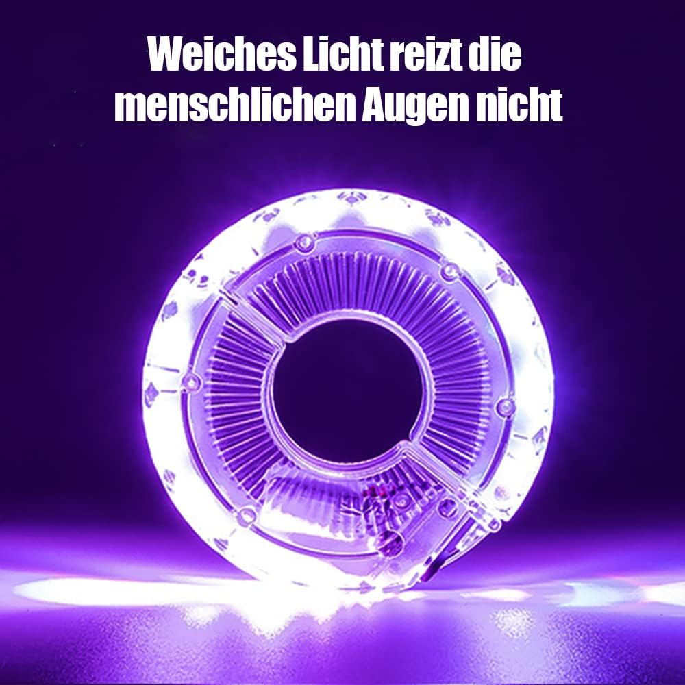 Ein leuchtendes, lilafarbenes Lichtgerät mit Text darüber. Das Licht hat ein kreisförmiges Design. Der Hintergrund ist dunkelviolett.