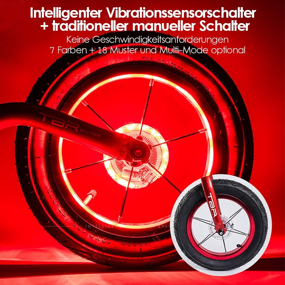 Fahrradrad mit roten Lichtern, ein kleineres Ersatzrad und deutscher Text, der für ein Lichtsystem wirbt.
