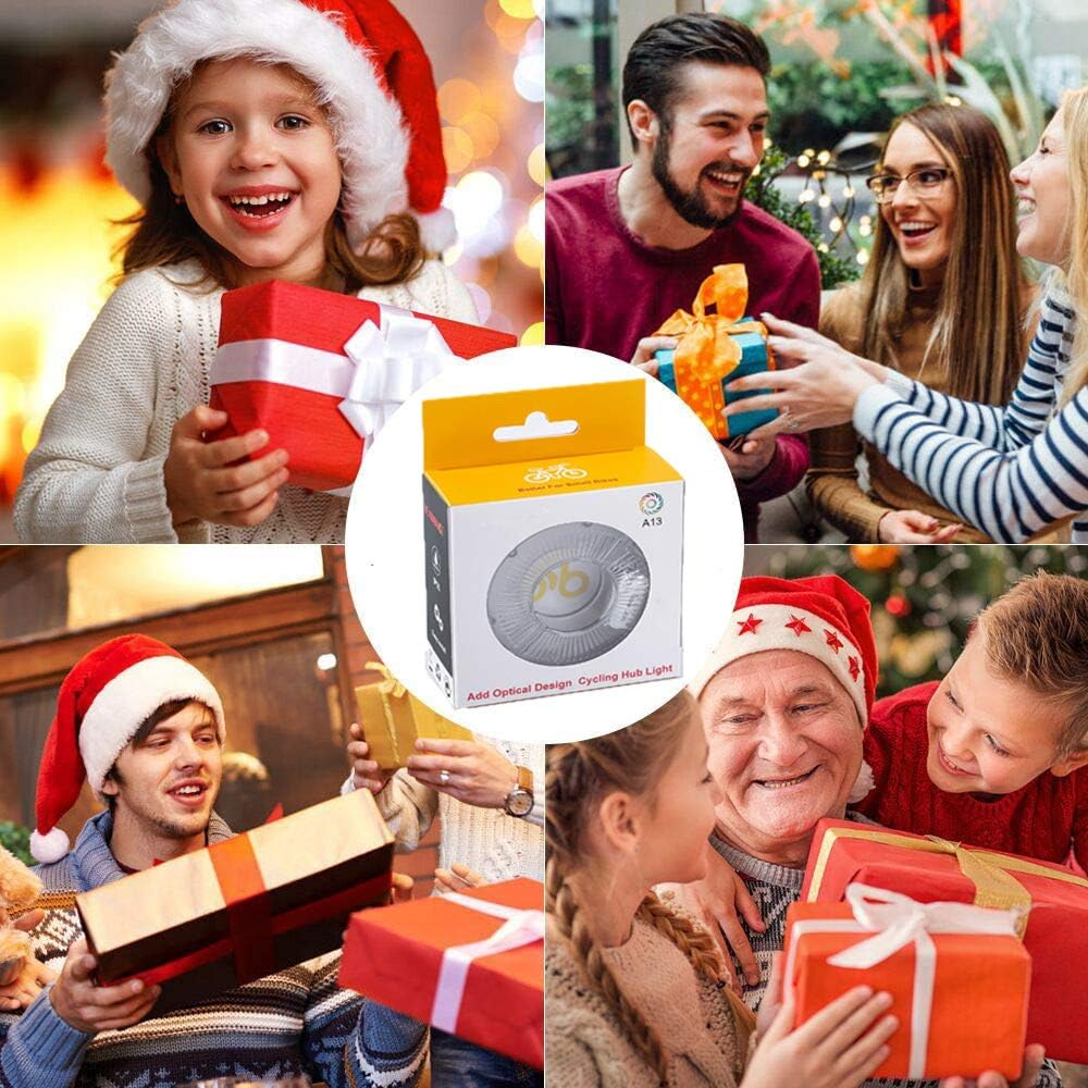 Eine Collage zeigt Menschen, die während Weihnachten Geschenke austauschen. In der Mitte befindet sich eine Produktbox für ein Fahrradnabenlicht.