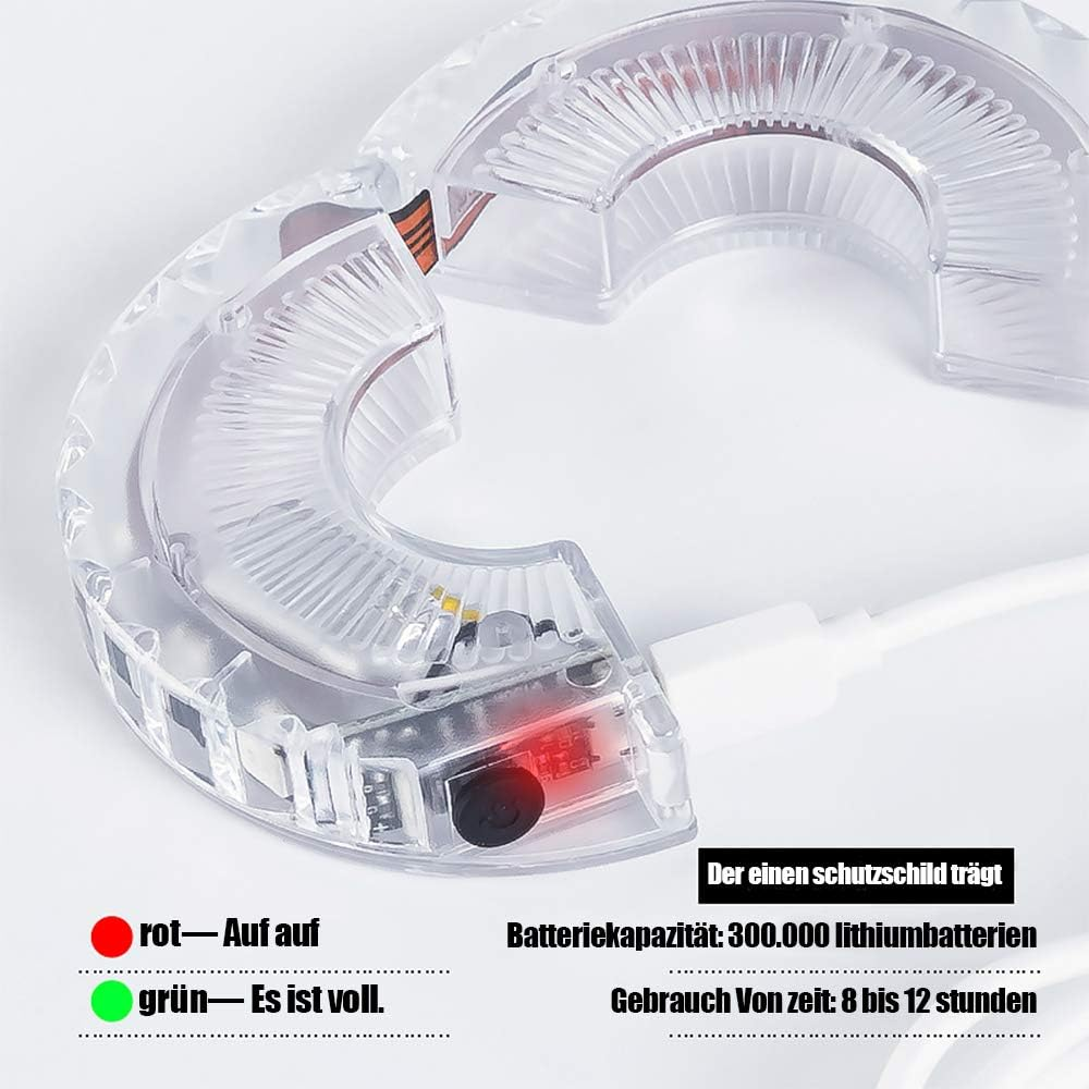 Ein klares, gebogenes Gerät, das mit einem USB-Kabel verbunden ist, mit roten und grünen Lichtern und unterstützendem Text auf Deutsch.