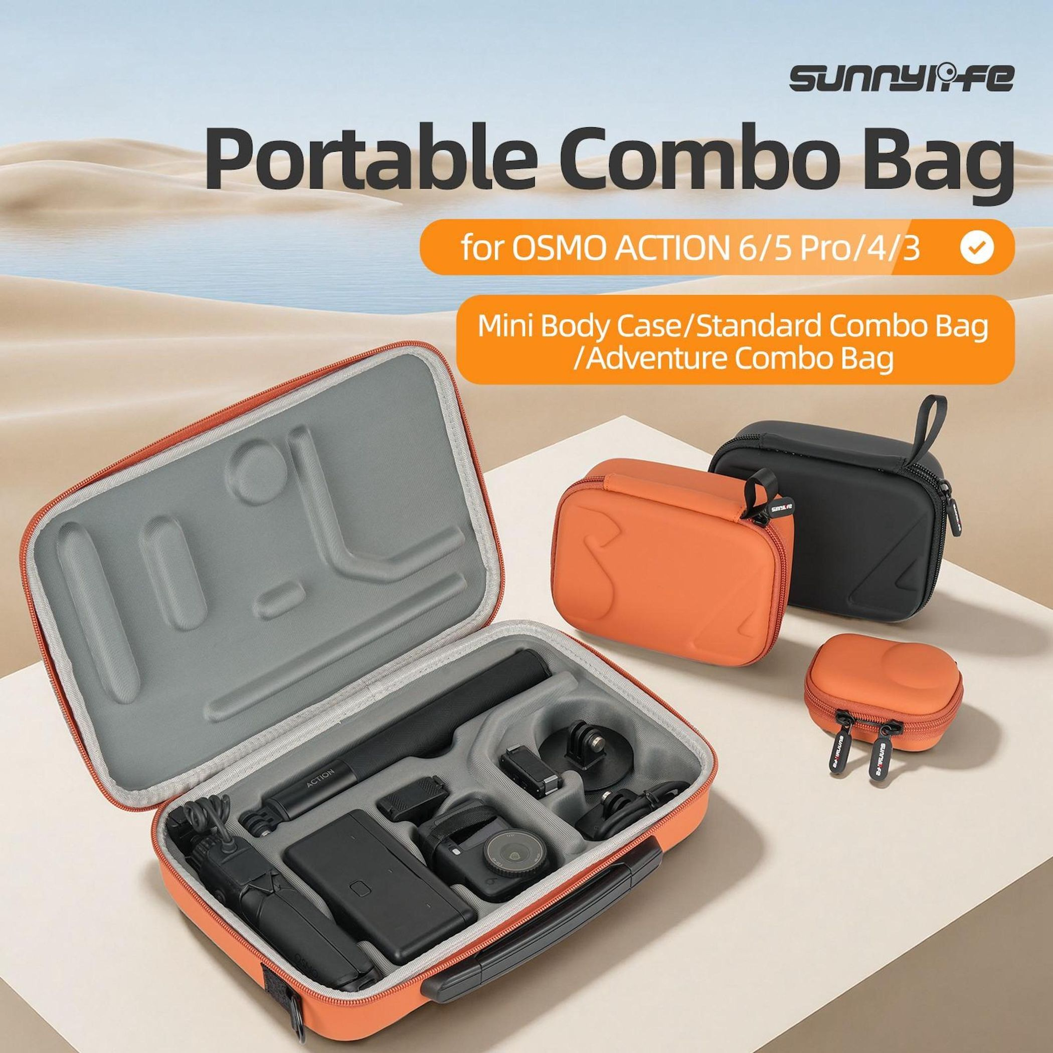 Das Bild zeigt eine tragbare Kombi-Tasche mit offenem Koffer und Zubehör. Außerdem gibt es schwarze und orangefarbene Koffer.