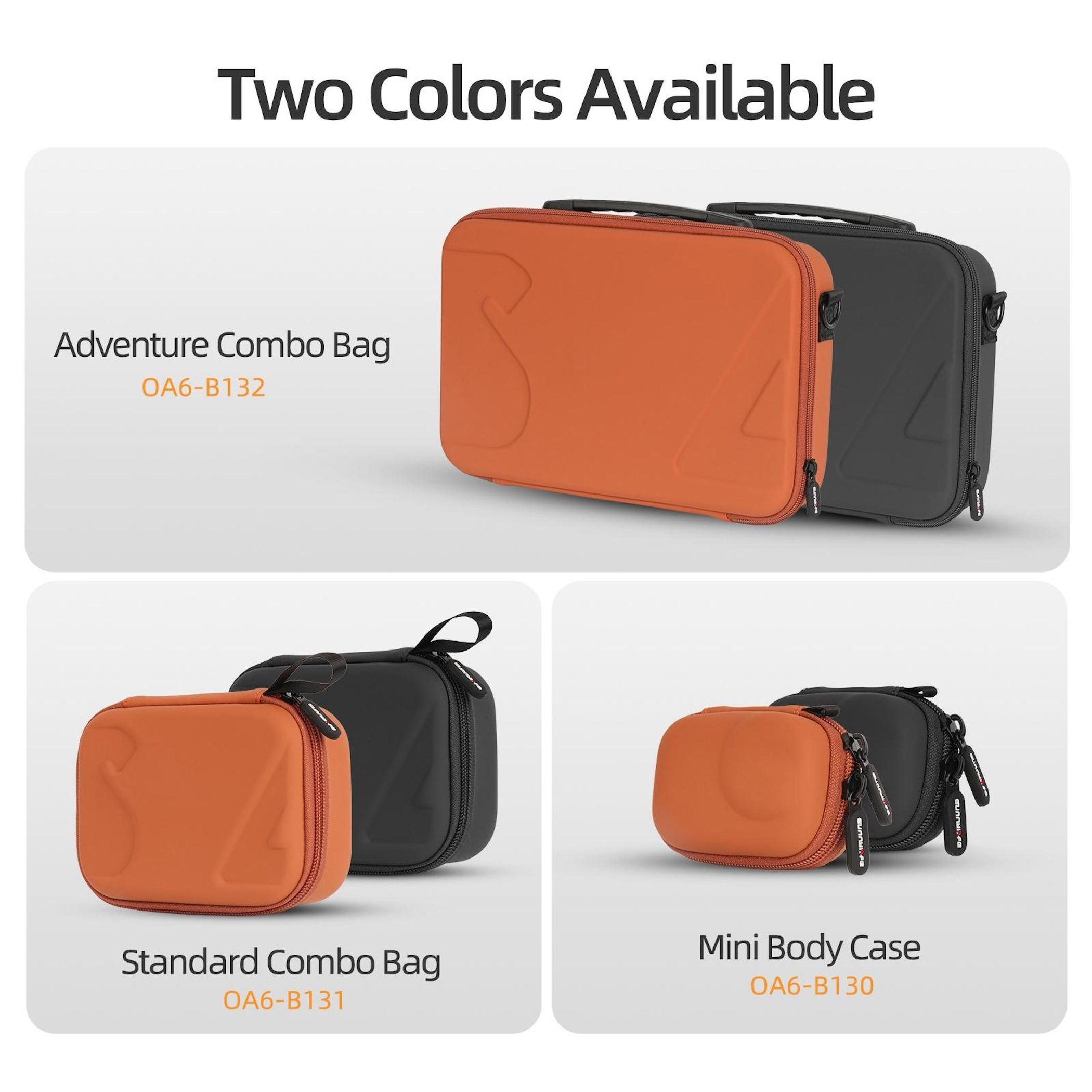 Das Bild zeigt drei Produktsets: Adventure, Standard Combo und Mini Body Case, jeweils in Orange und Schwarz.