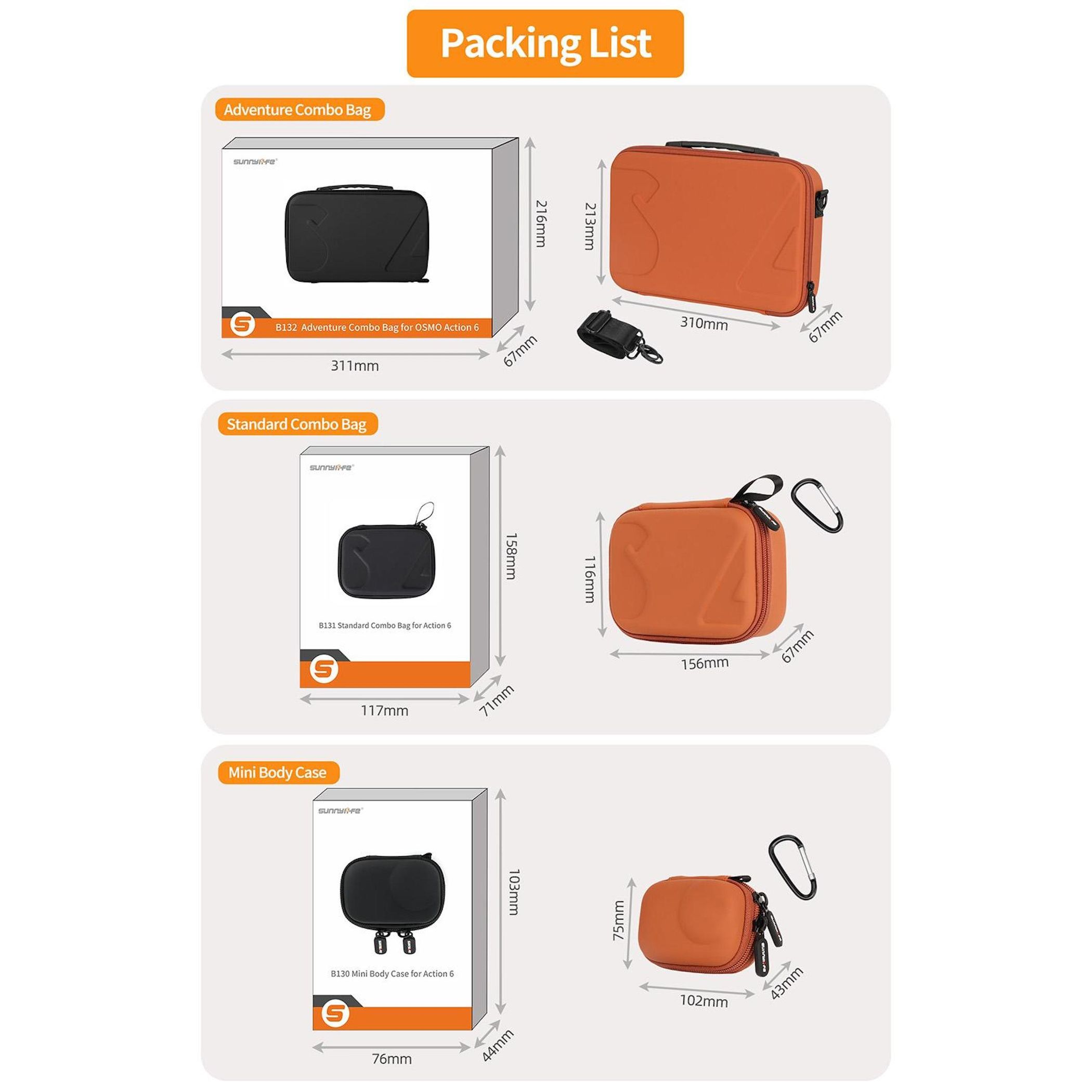 Das Bild ist eine Packliste für Action-Kamerataschen. Es enthält Abmessungen und Produktnamen wie Adventure Combo Bag.