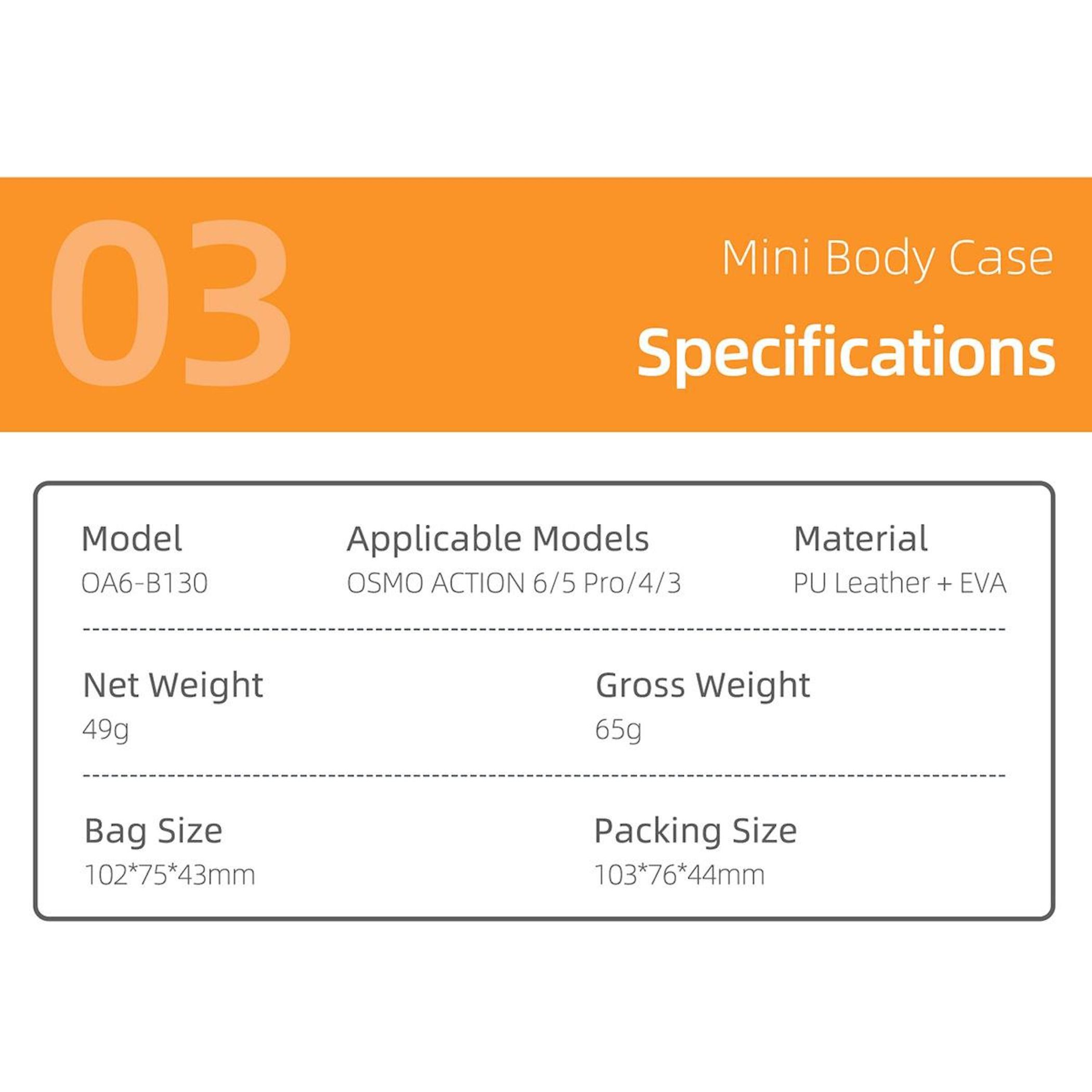 Das Bild zeigt Produktspezifikationen für eine Mini-Koffertasche. Enthält Modell, anwendbare Modelle, Material- und Gewichtsangaben.
