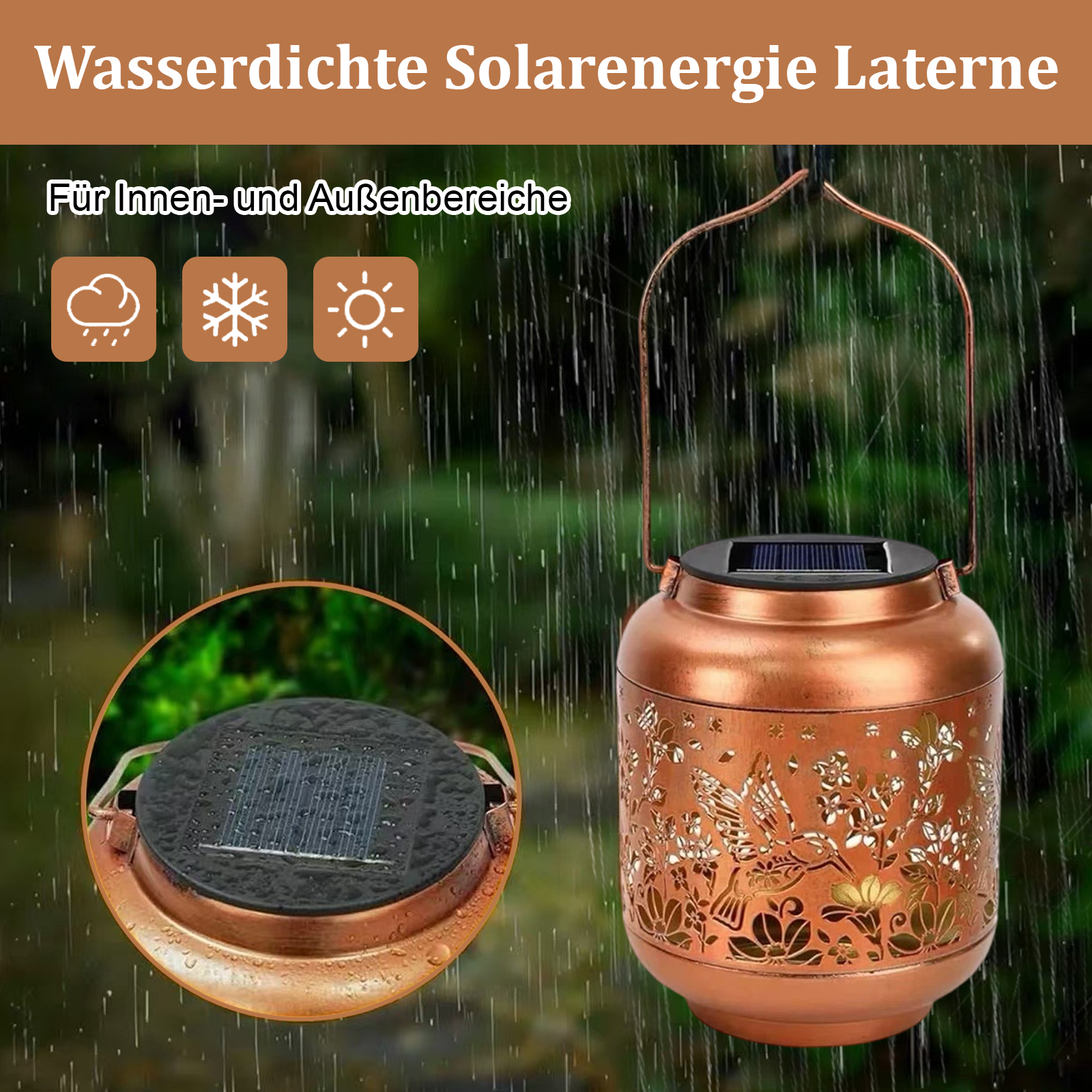 Kupferfarbene Solar-Laterne mit floralen Ausschnitten und Griff. Es regnet. Nahaufnahme zeigt das Solarpanel.