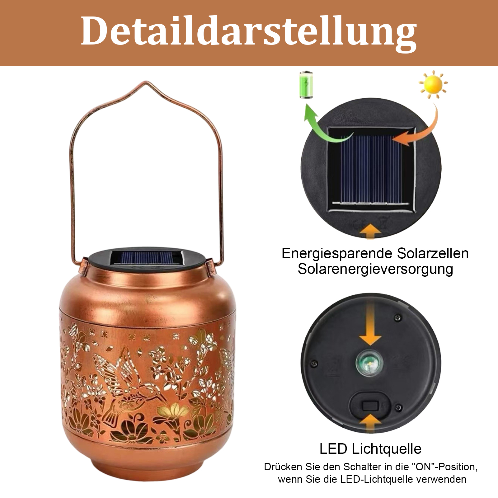 Kupfer-Solar-Laterne mit floralen Ausschnitten, Griff und Solarpanel. Details: Batterie, Sonne und LED-Licht.