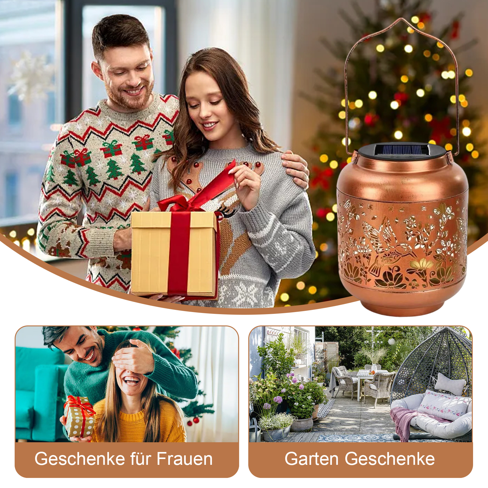 Ein Paar tauscht Geschenke aus. Eine Kupferlaterne und eine Gartenszene sind ebenfalls zu sehen. Das Hauptbild hat einen Weihnachtsbaumhintergrund.