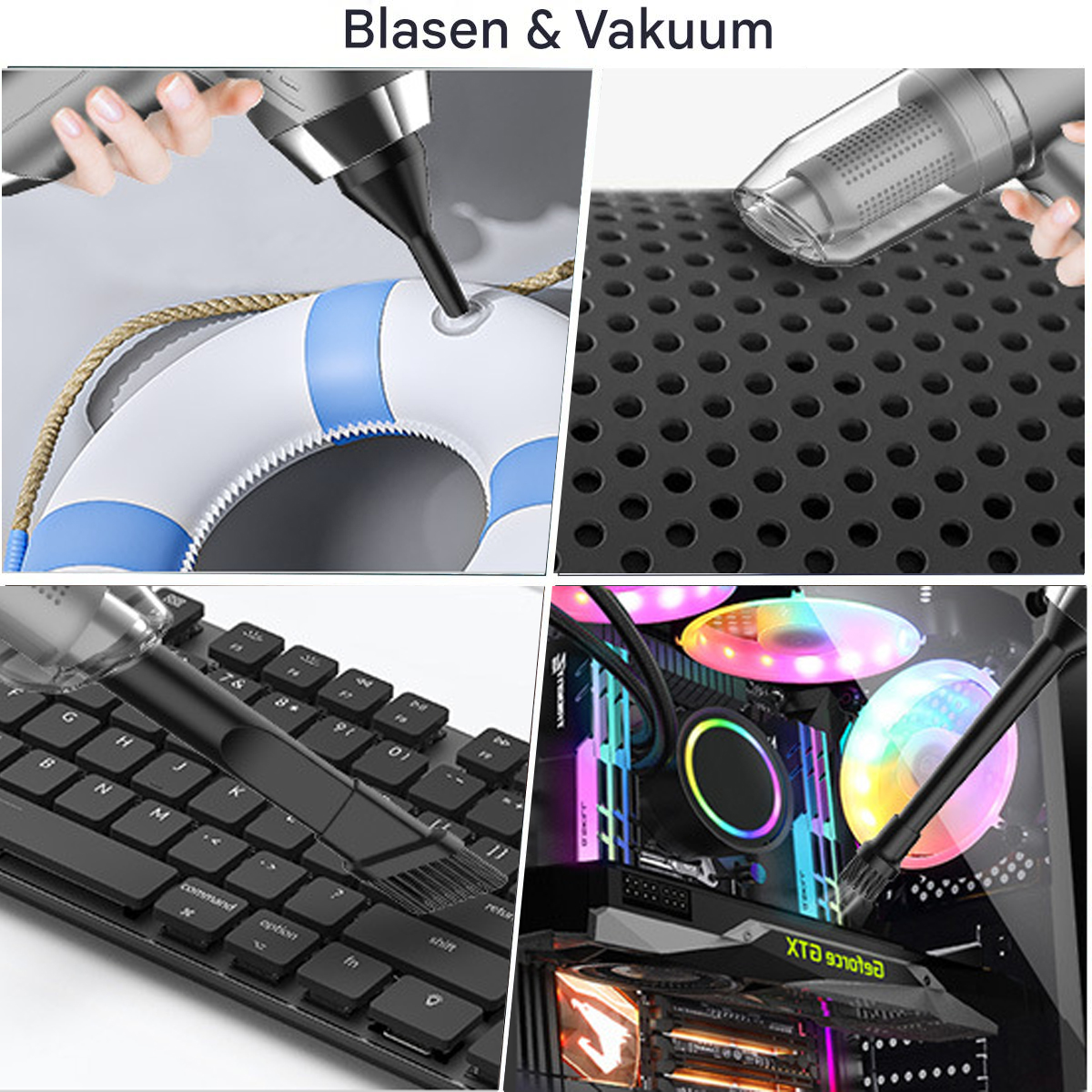 Das Bild zeigt Reinigungswerkzeuge: einen Staubsauger auf einer perforierten Oberfläche, eine Bürste auf einer Tastatur und einen Bläser auf einer Boje und einem PC.