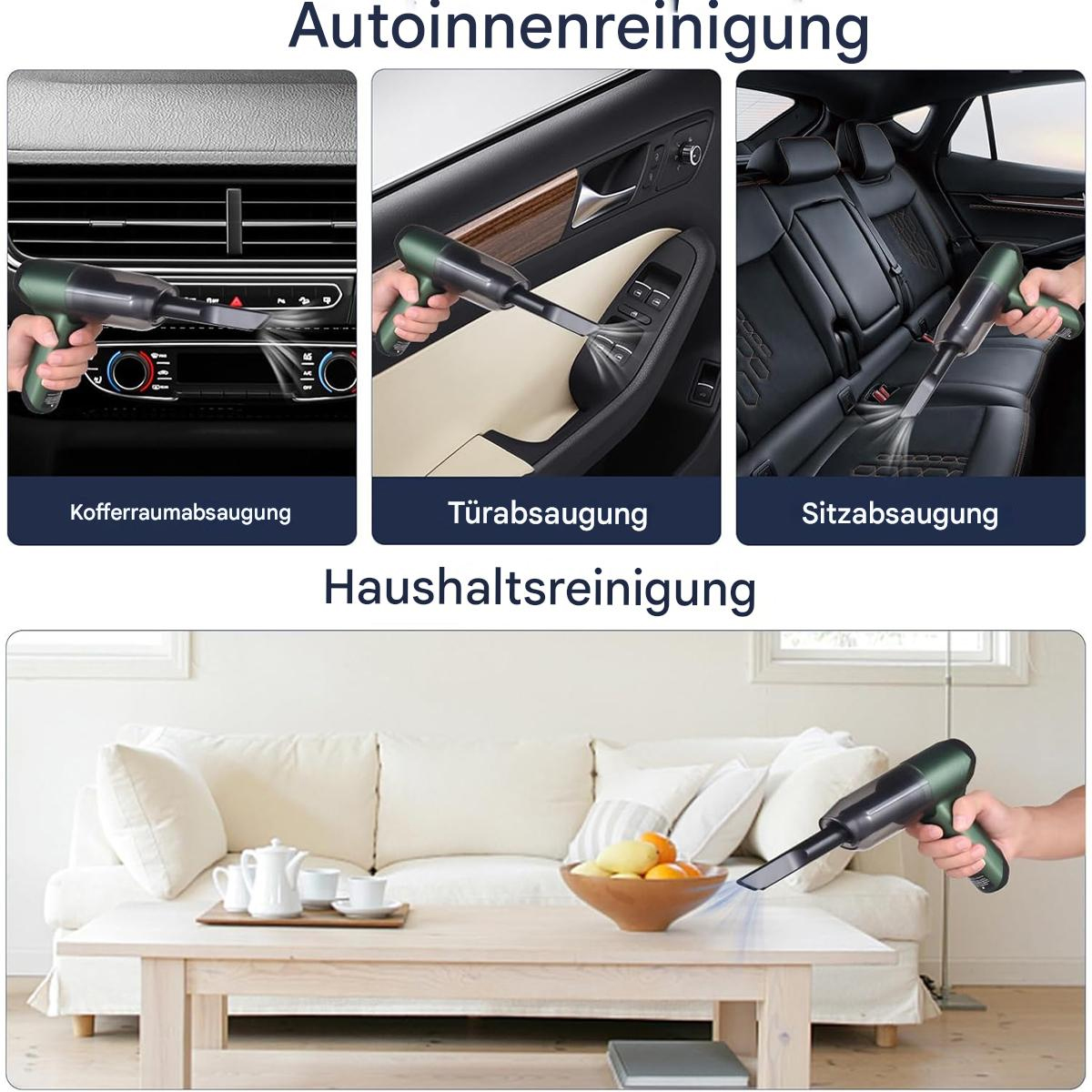 Das Bild zeigt einen Staubsauger, der in einem Auto und auf einem Sofa verwendet wird. Es demonstriert die Reinigung des Innenraums eines Autos und von Möbeln.