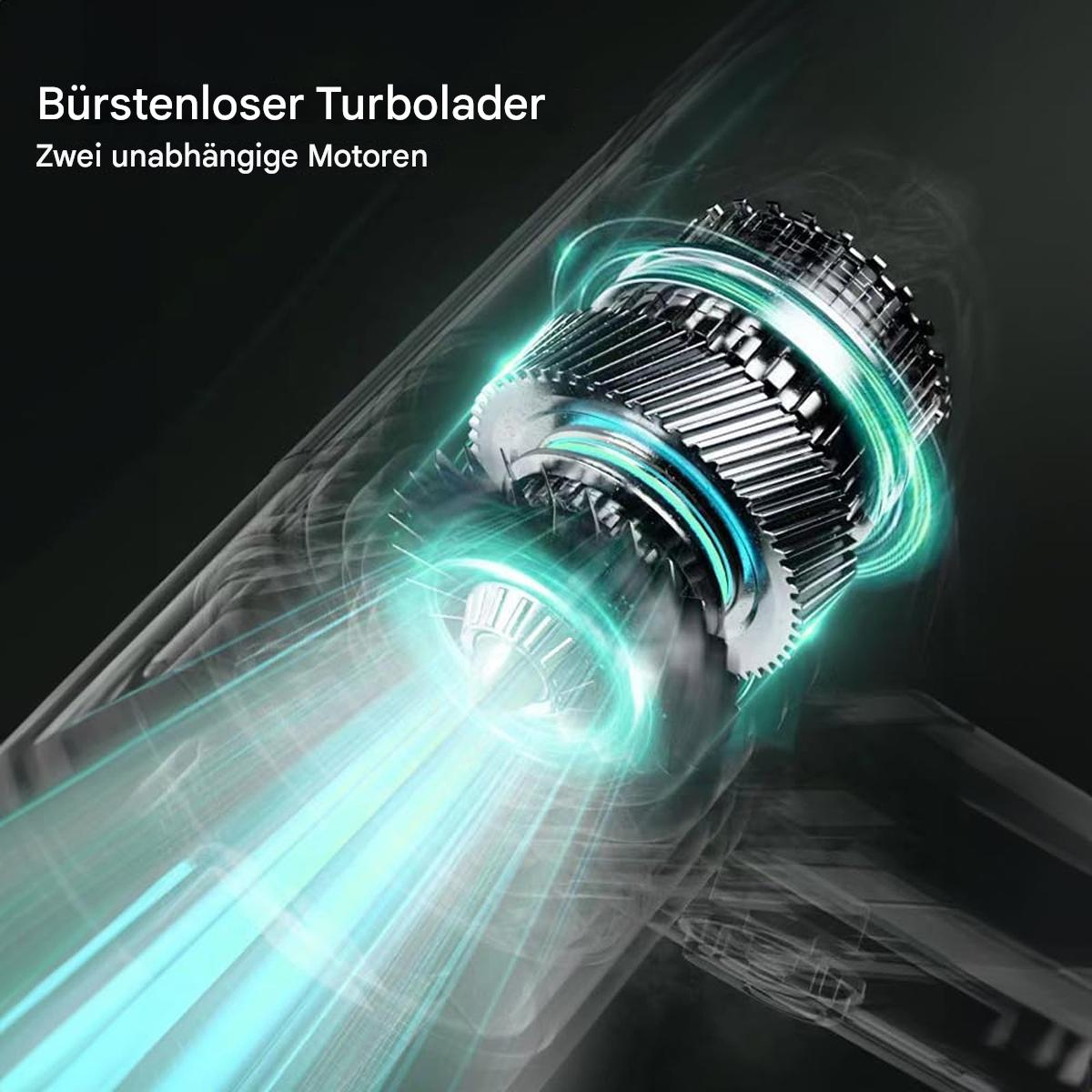 Nahaufnahme eines bürstenlosen Turboladers mit Zahnrädern und einem leuchtenden blau-grünen Lichteffekt. Text oben: Bürstenloser Turbolader.