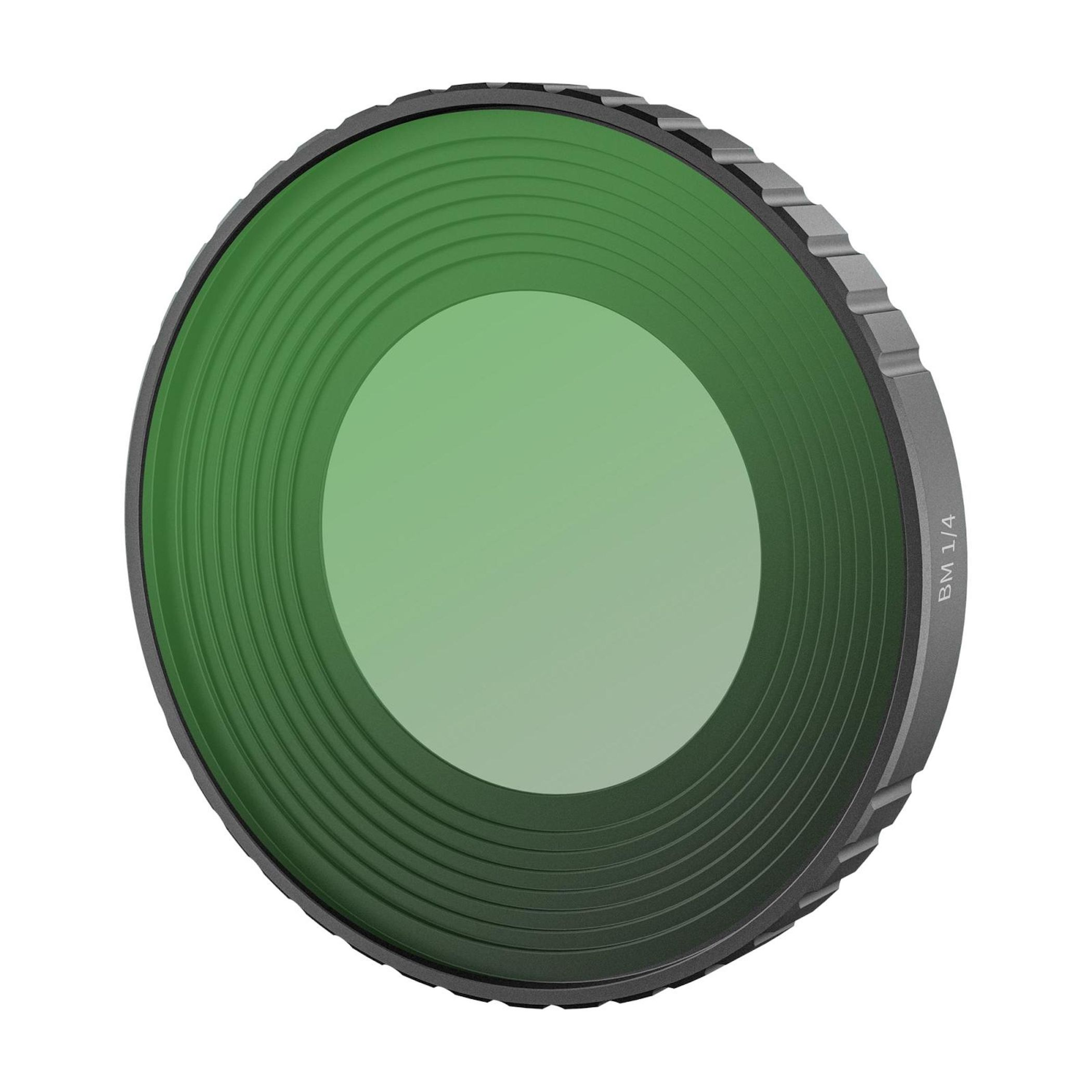 Ein kreisförmiger grüner Filter mit grauem Rand. Es hat eine grüne Mitte. Der Filter befindet sich vor weißem Hintergrund.