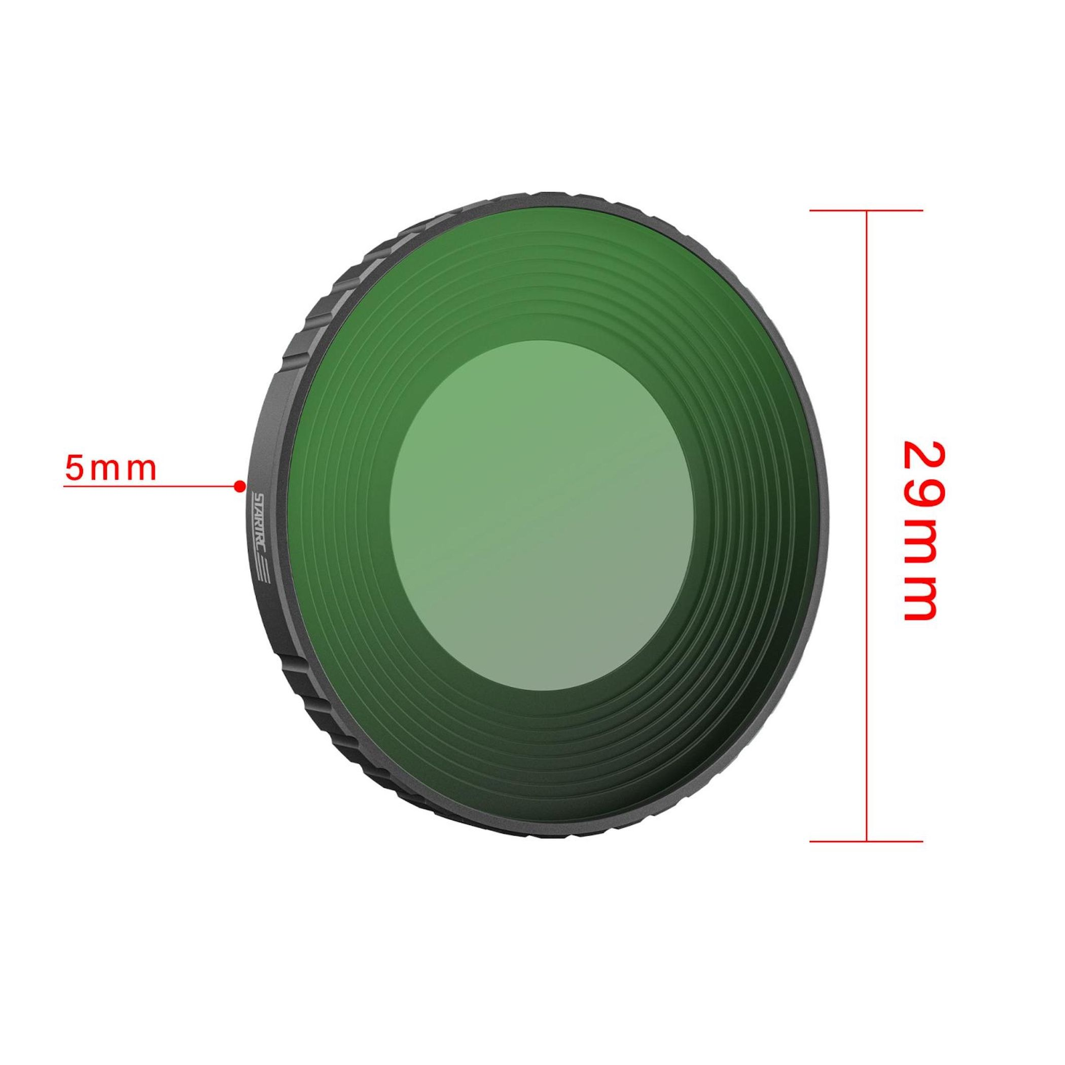 Ein grüner Objektivfilter mit schwarzem Rahmen. Abmessungen sind mit 5 mm und 29 mm gekennzeichnet. Weißer Hintergrund.