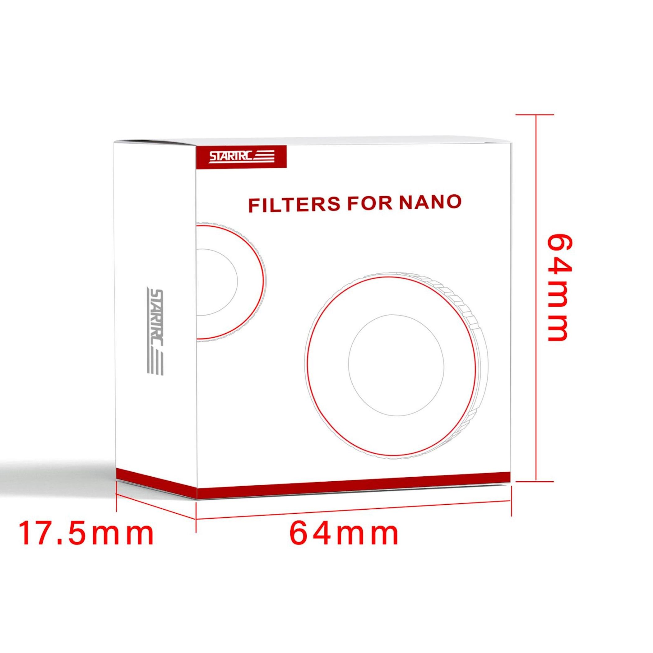 Ein weißer Karton mit roten Akzenten zeigt Produktdetails. Es steht 'FILTERS FOR NANO'. Abmessungen: 64mm, 17,5mm.