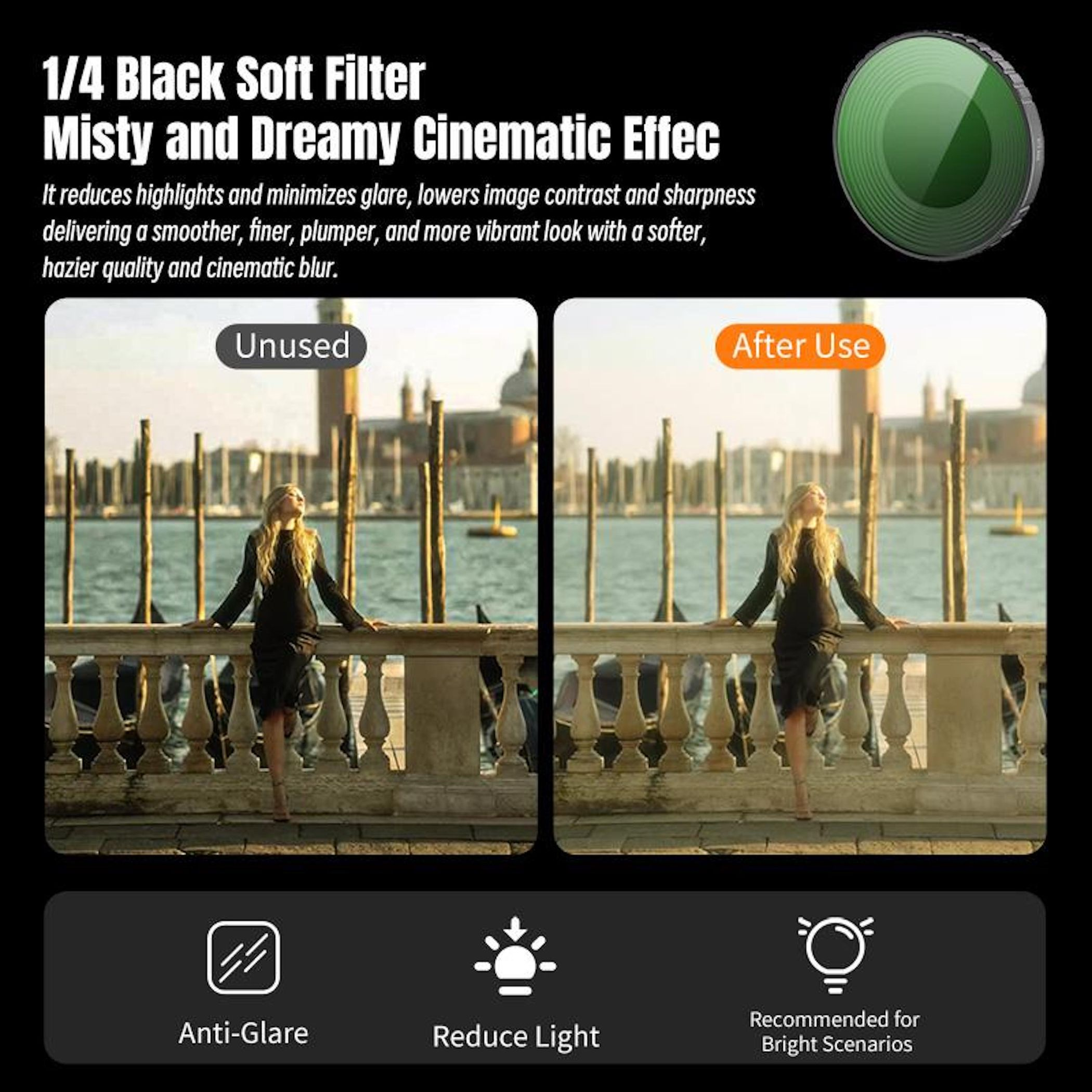 Das Bild zeigt eine Frau vor und nach der Filterverwendung. Der Filter reduziert Blendeffekte, mit Symbolen für Blendschutz, Lichtreduzierung und helle Szenarien.