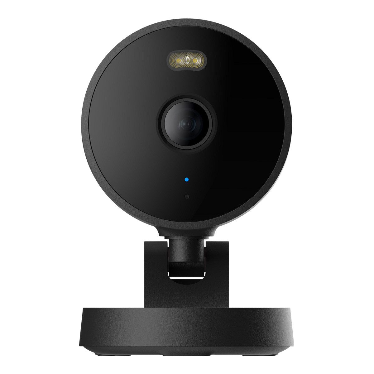 Eine schwarze Überwachungskamera auf einem Ständer. Sie hat ein Objektiv, zwei Lichter und eine blaue LED. Der Hintergrund ist weiß.