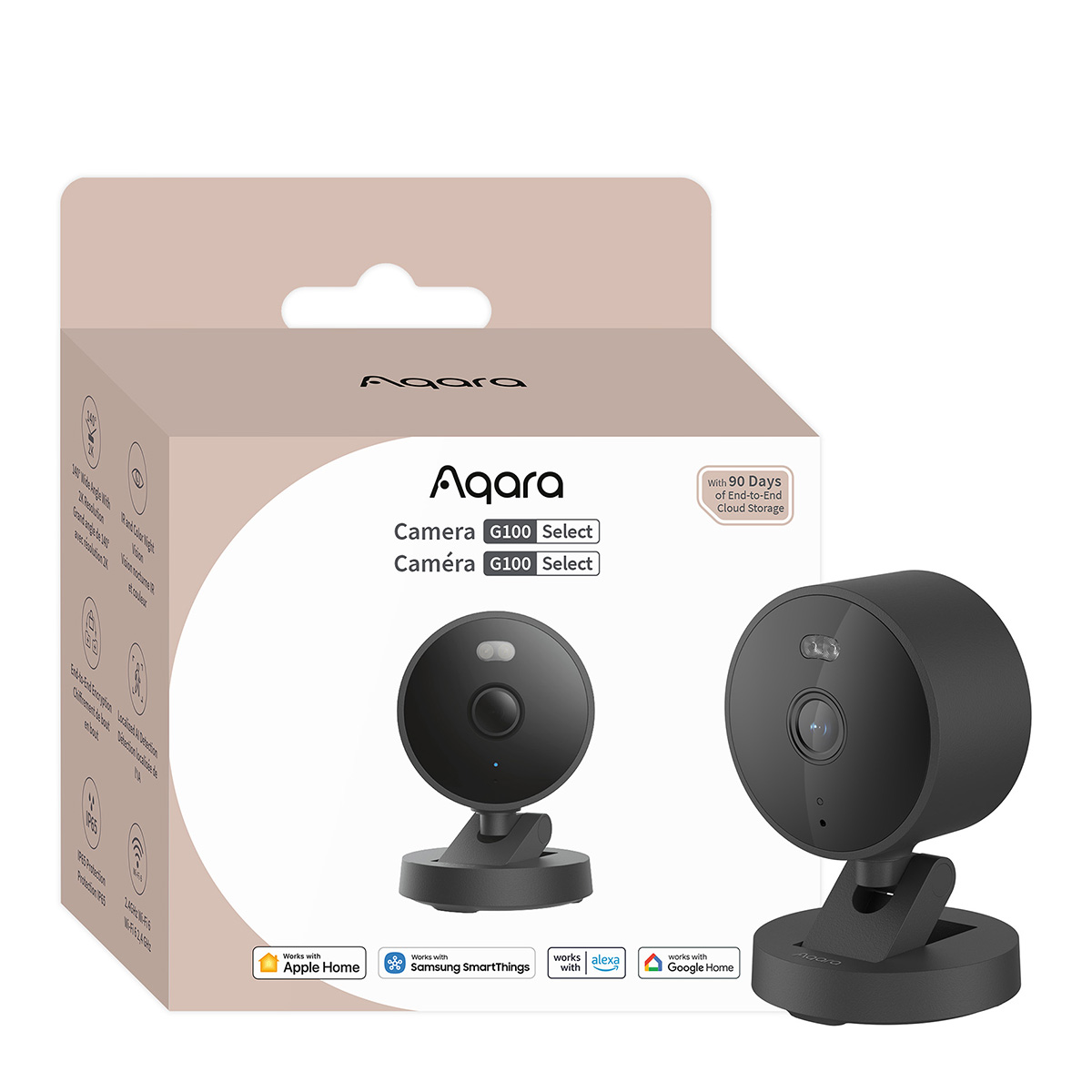 Eine schwarze Aqara G100 Select Kamera mit ihrer Box. Die Box enthält Produktdetails und Logos kompatibler Systeme.