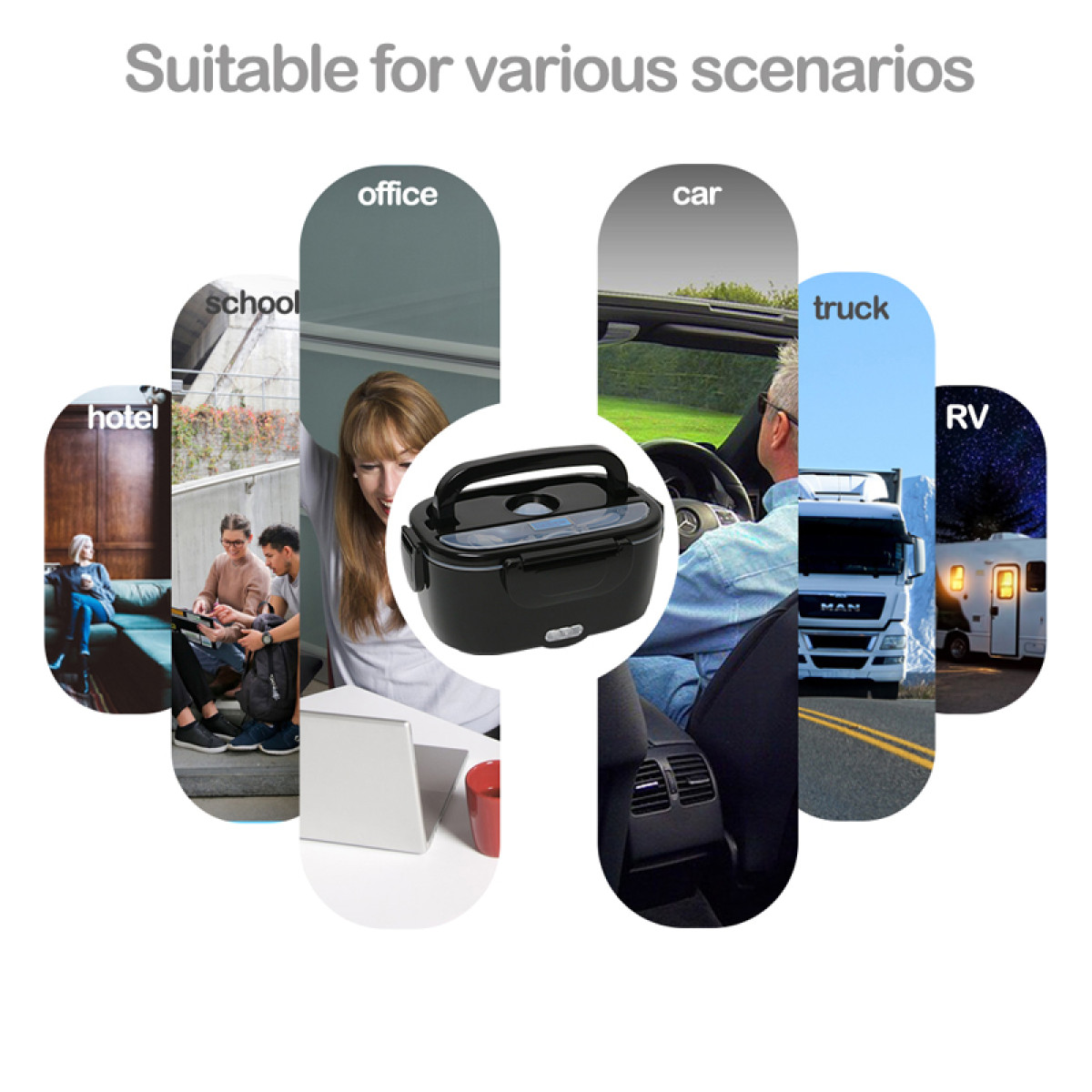 Obraz przedstawia czarny pojemnik na lunch i sceny: hotel, szkoła, biuro, samochód, ciężarówka i kamper. Tekst mówi: 'Odpowiedni dla różnych scenariuszy'.