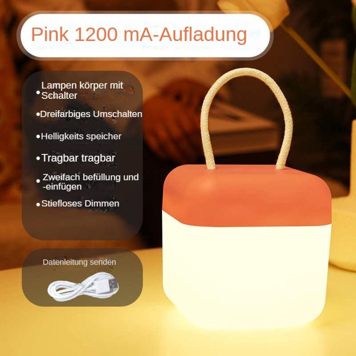 Eine rosa-weiße Lampe mit Seilgriff. Deutscher Text beschreibt Funktionen wie Dimmen und Aufladen. Ein USB-Kabel ist ebenfalls abgebildet.