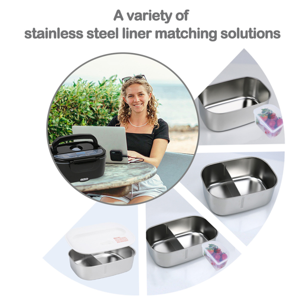 Kobieta pracuje na laptopie. Prezentowane są pojemniki na lunch ze stali nierdzewnej. Jeden ma truskawki. Czarny pojemnik na lunch na stole.