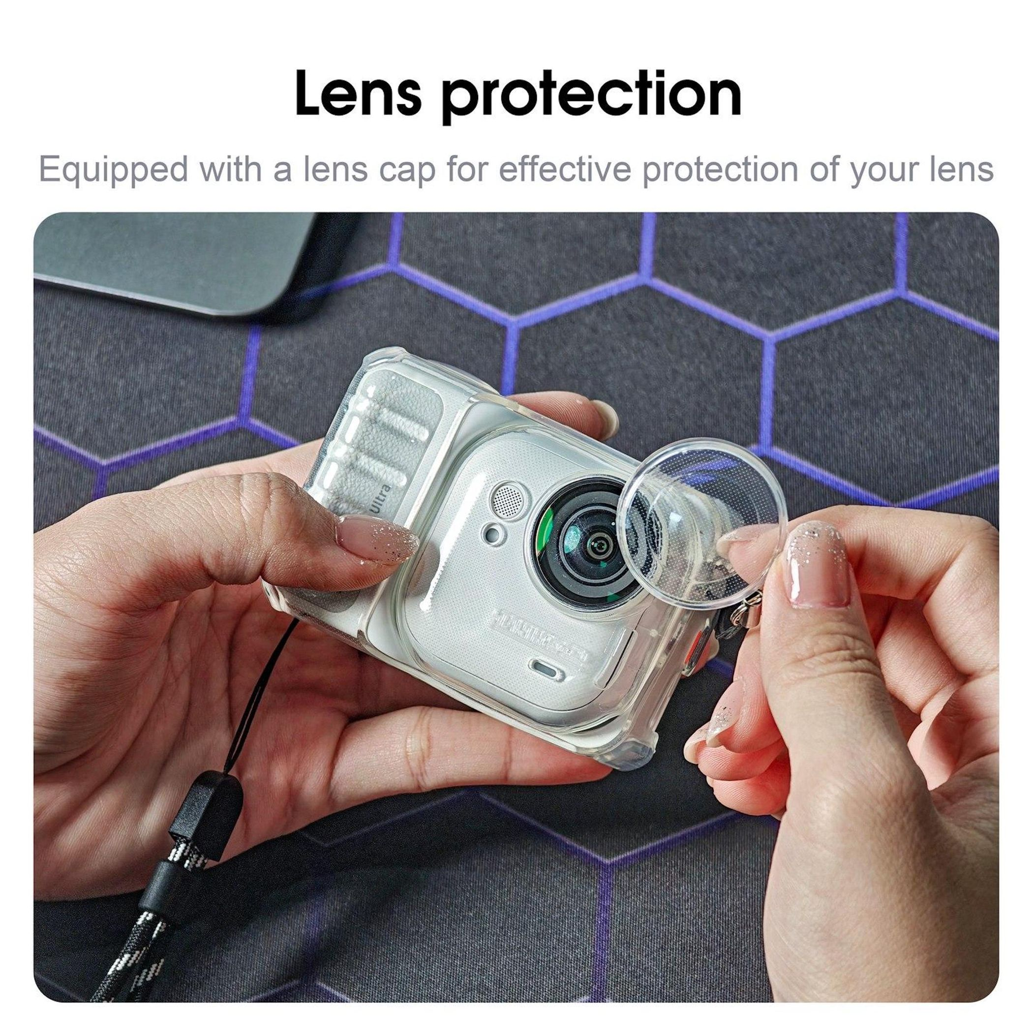 Eine Person hält eine klare Kamera mit Objektivkappe. Der Hintergrund ist eine gemusterte Matte mit Text: Lens protection.