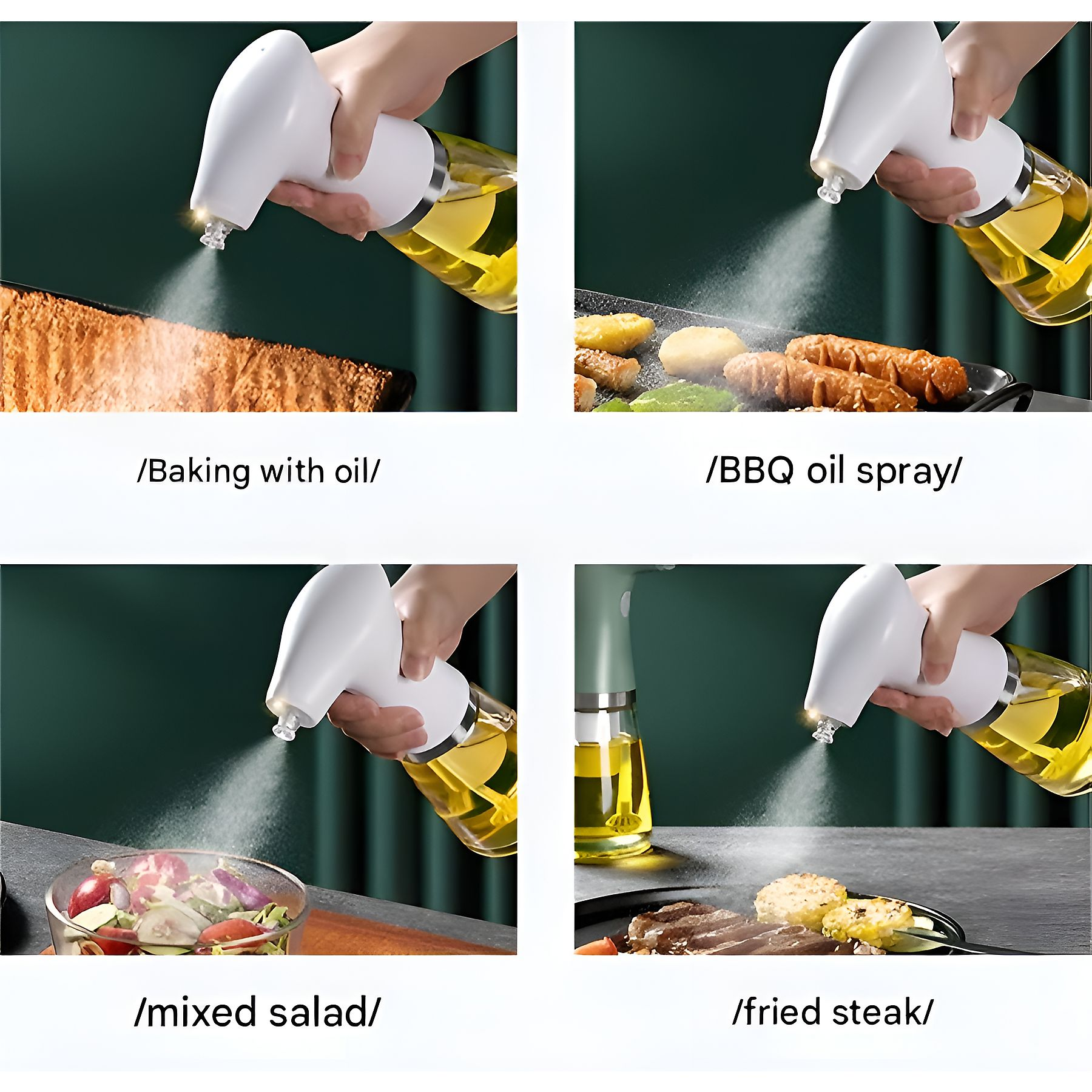 Das Bild zeigt einen Ölsprüher, der auf gebackenen Speisen, Grillgut, Salat und Steak verwendet wird. Jede Szene zeigt unterschiedliche Speisen.