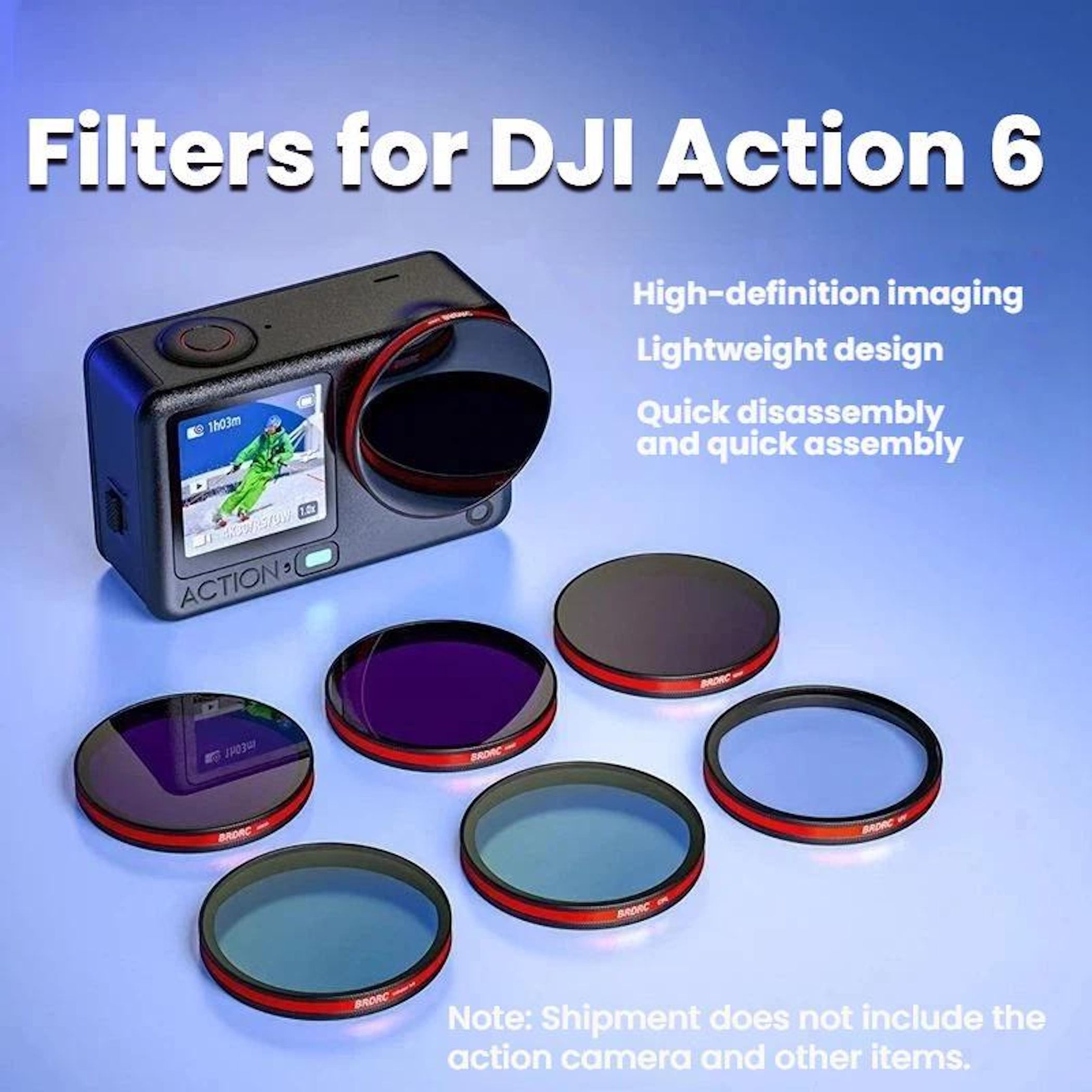 Das Bild zeigt eine Action-Kamera mit Filtern. Text weist auf Filter für DJI Action 6 hin. Merkmale sind aufgelistet.