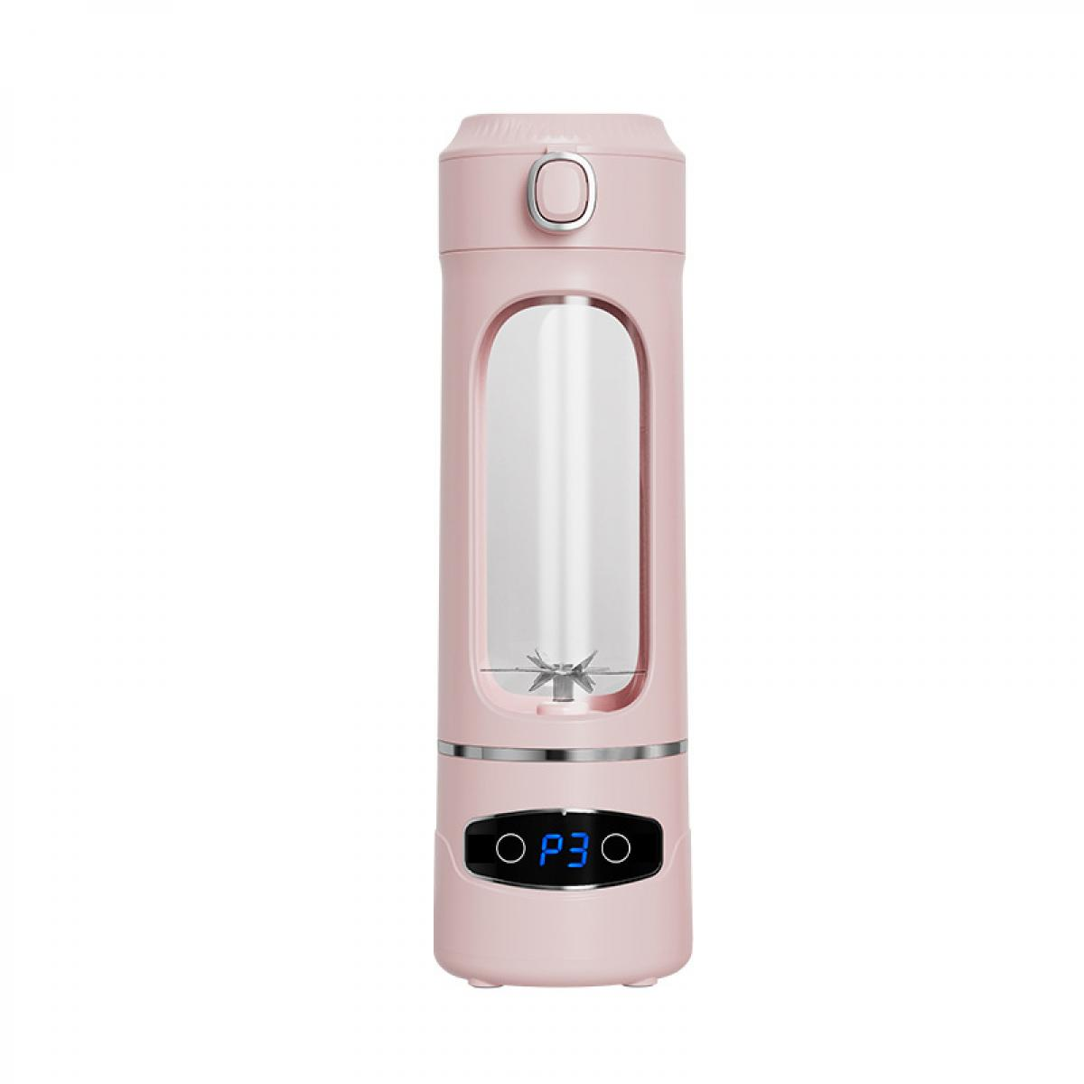 Eine rosa Mixflasche mit transparentem Mittelteil und digitaler Anzeige. Oben befindet sich ein Knopf.