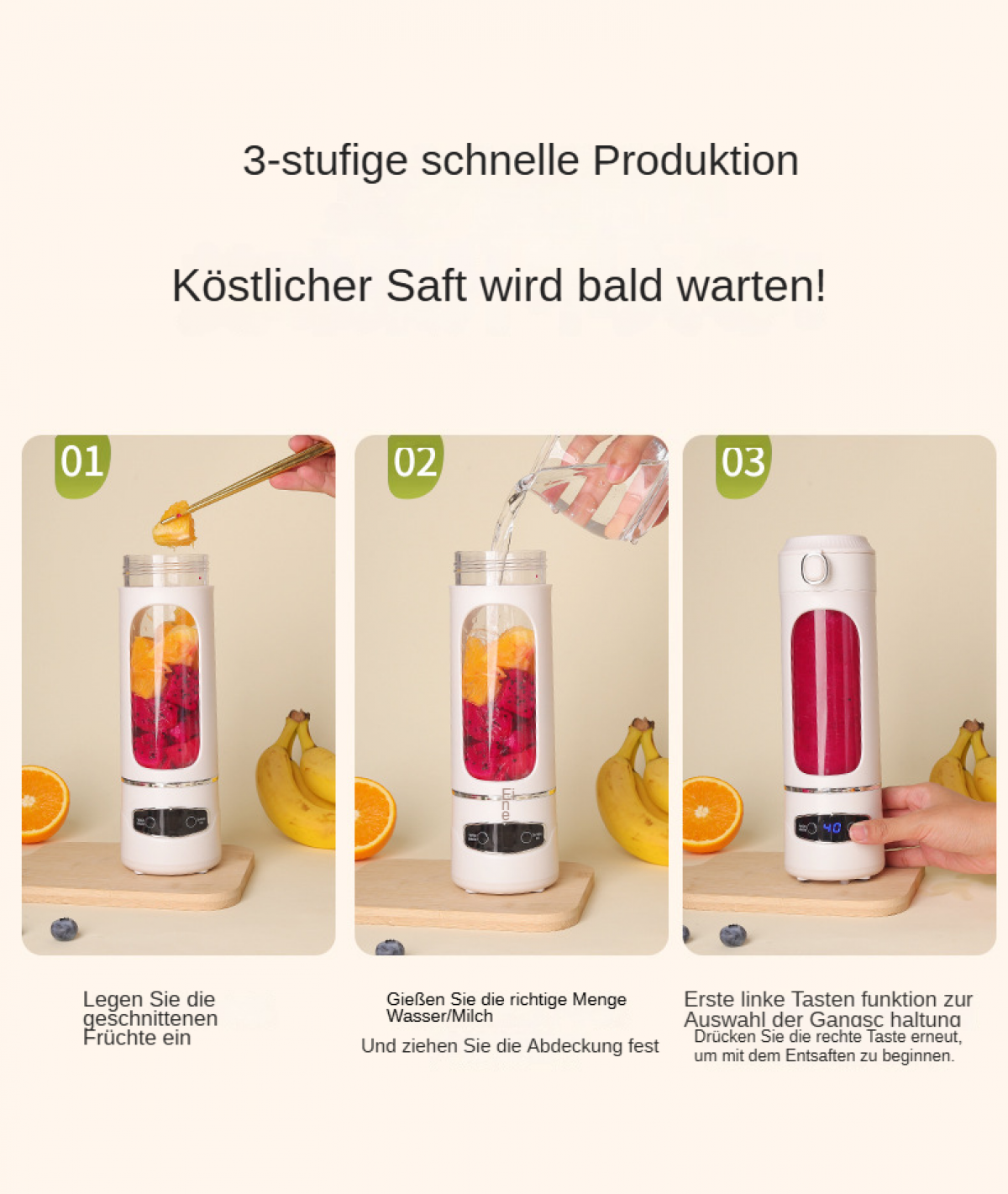 Schritte zur Herstellung von Saft: Früchte, Wasser hinzufügen und Knöpfe drücken. Mixer mit Früchten, Orangen, Bananen und Text auf Deutsch.