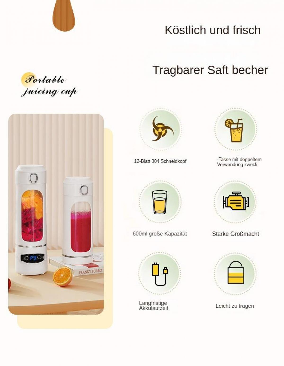 Das Bild zeigt einen tragbaren Entsafter mit Früchten, Text über seine Funktionen, ein Buch und eine Orange auf einem Tisch.