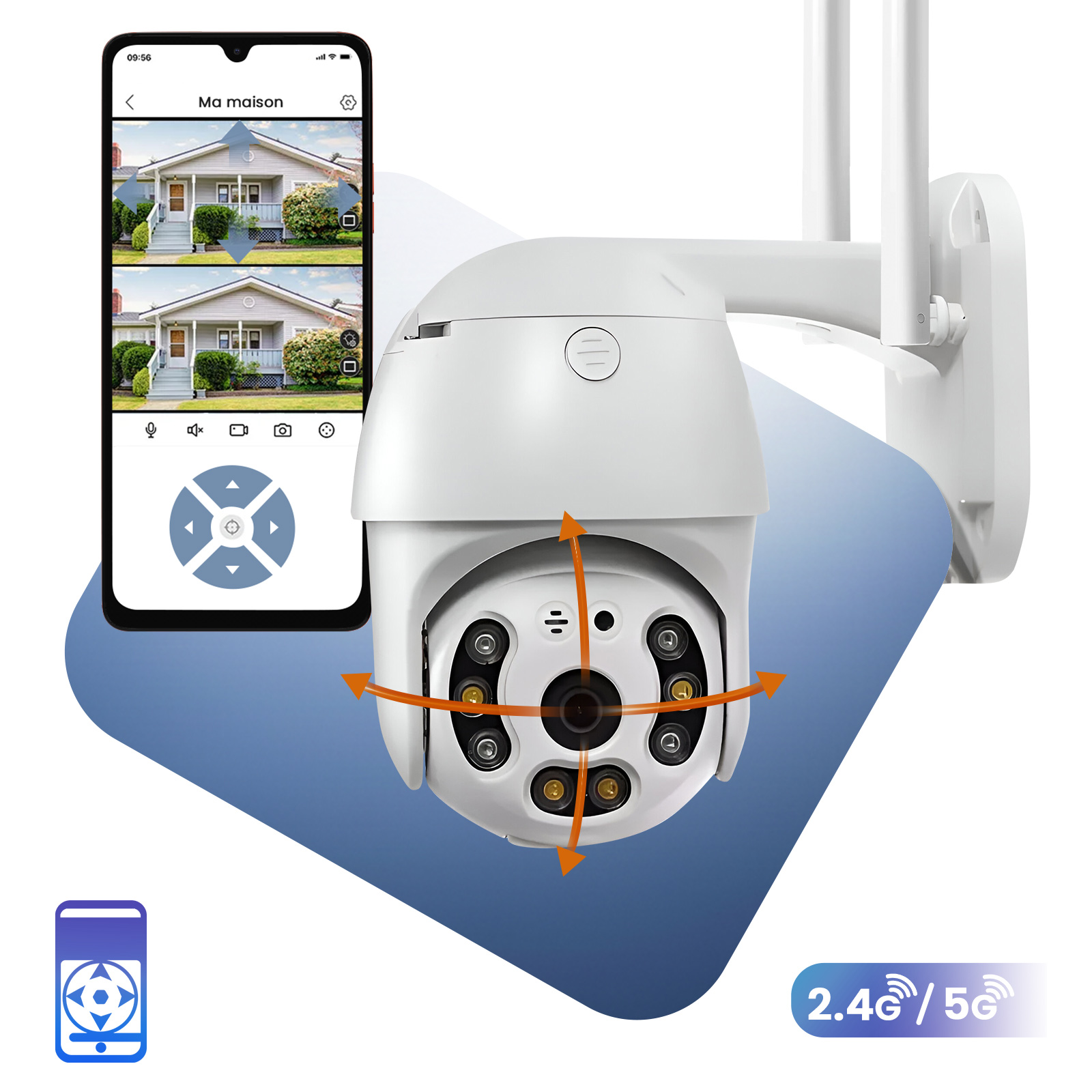 Weiße Überwachungskamera mit Telefon, das ein Haus zeigt. Pfeile zeigen die Kamerabewegung an. 2,4G/5G WLAN.