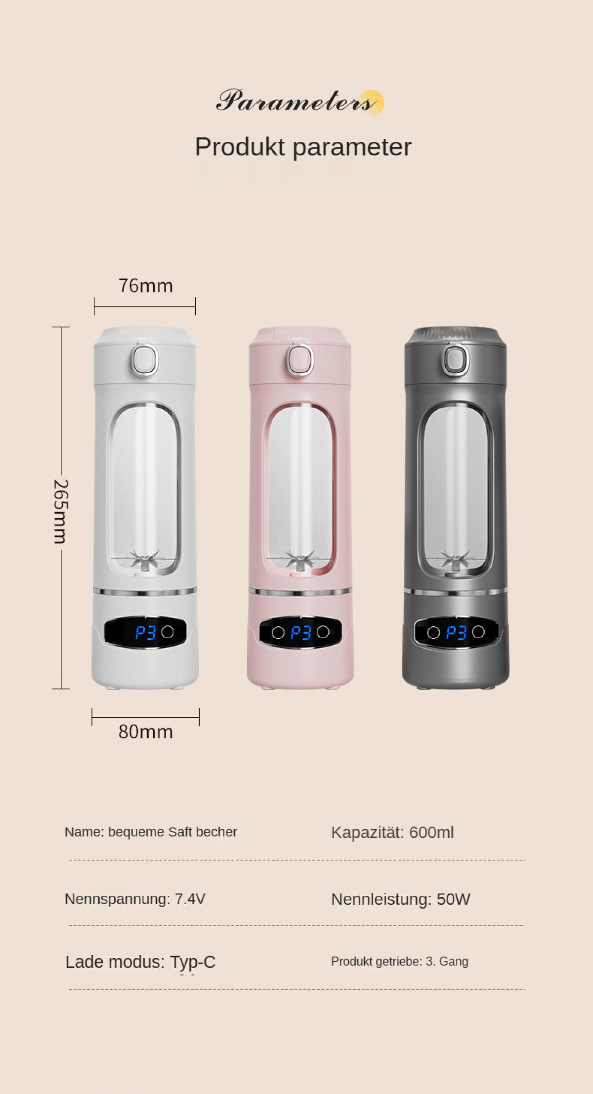 Drei Mixer: weiß, rosa und grau. Abmessungen und Spezifikationen werden angezeigt, einschließlich 'Parameter' und Produktinformationen.
