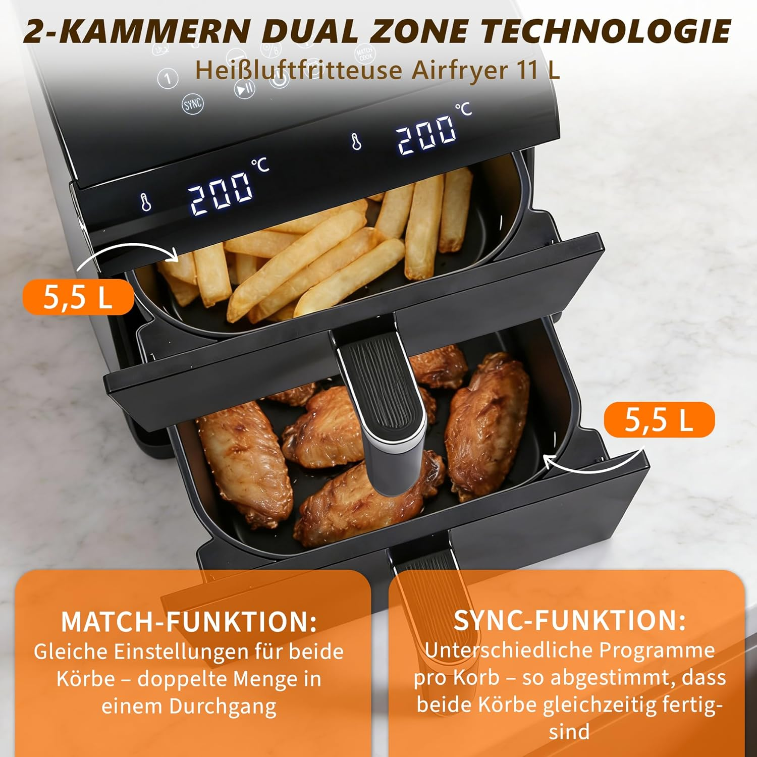 Una friggitrice ad aria con due scomparti, uno con patatine fritte, l'altro con ali di pollo. I display mostrano 200 gradi Celsius.