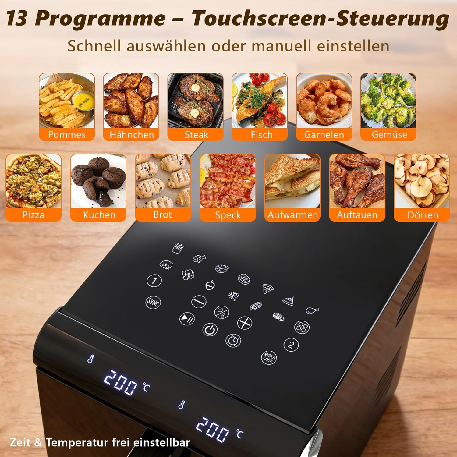 Friggitrice ad aria nera con 13 programmi, touchscreen e immagini di cibo. Include patatine fritte, pollo, bistecca, pesce, gamberi e verdure.