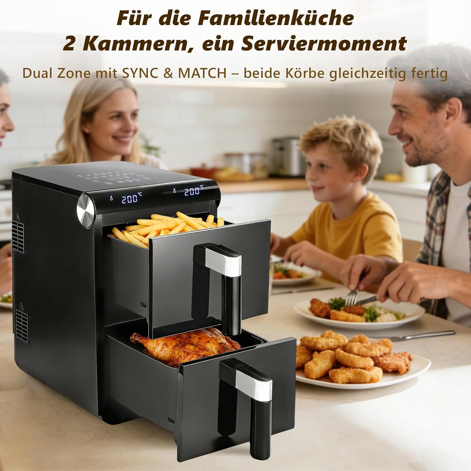 Una friggitrice ad aria con due scomparti, uno con patatine fritte, l'altro con pollo. Una famiglia si gode un pasto.