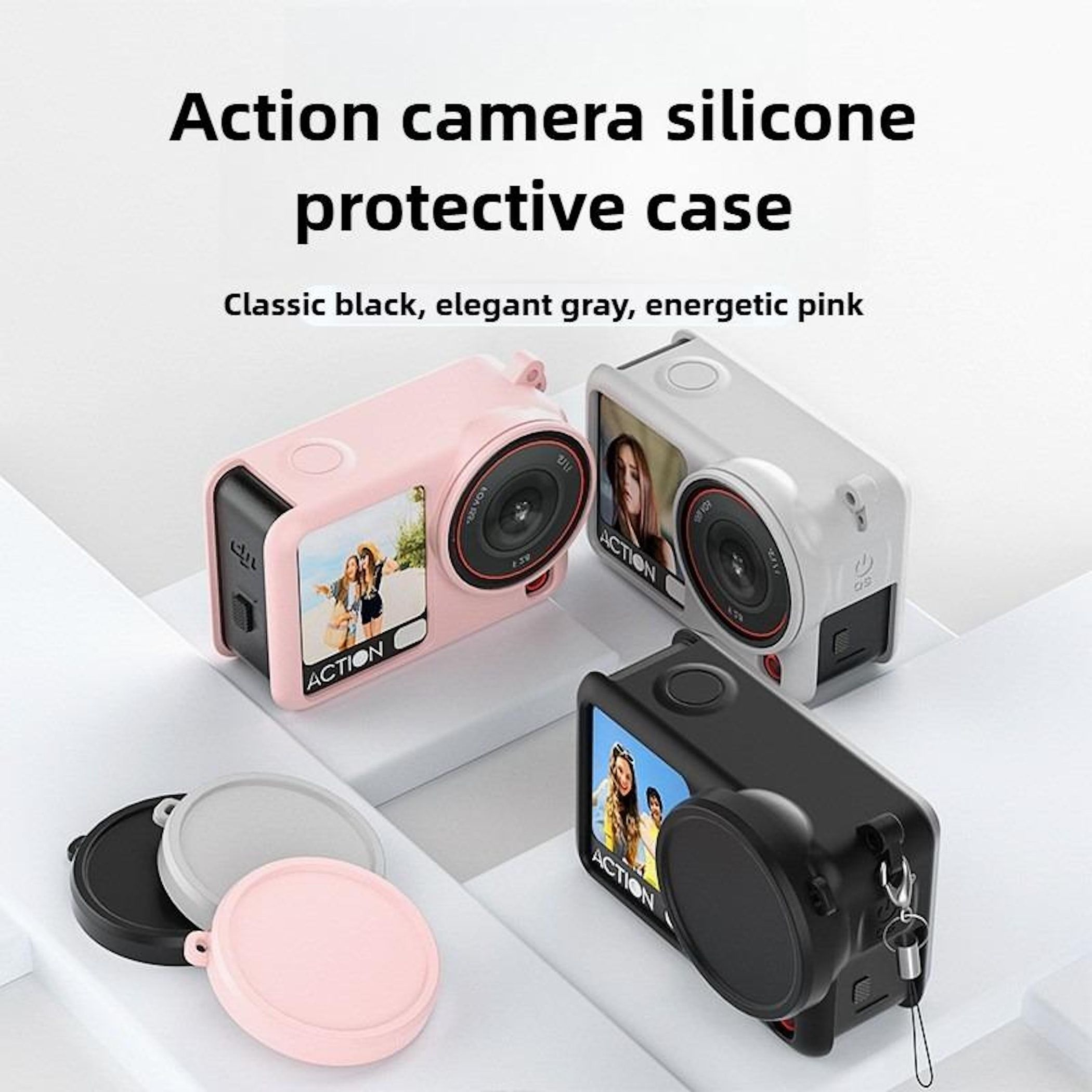 Das Bild zeigt Action-Kameras in Schutzhüllen. Die Farben sind Schwarz, Grau und Rosa. Der Text lautet 'Action-Kamera-Silikon-Schutzhülle'.