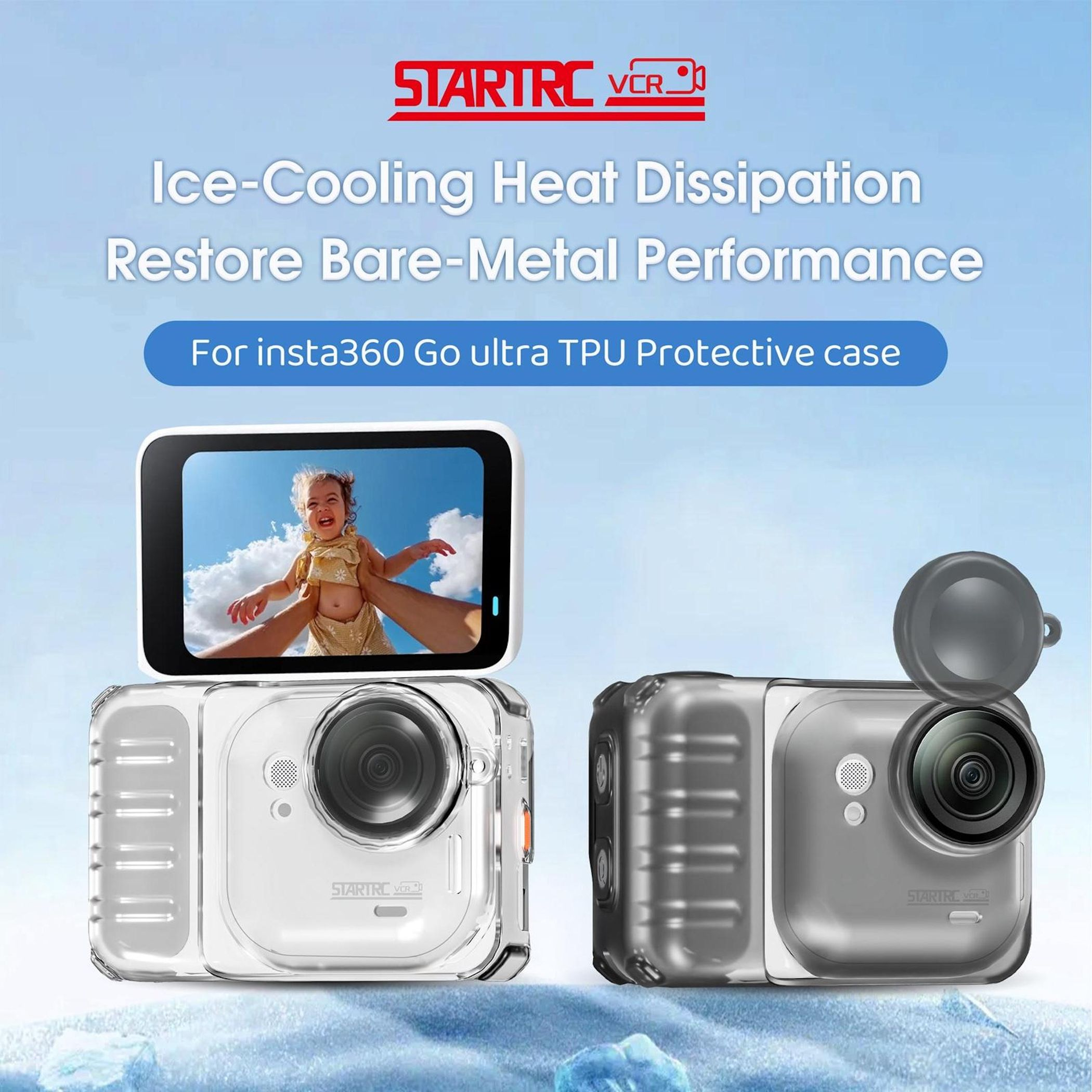 Das Bild zeigt zwei Action-Kameras in Hüllen, ein Kind auf dem Bildschirm. Text sagt Ice-Cooling, Restore Performance.