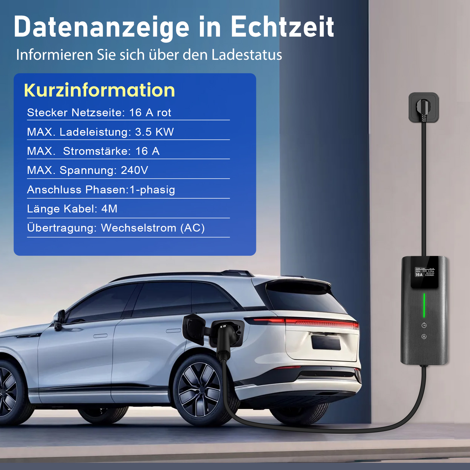 Ein Elektroauto ist an eine Ladestation angeschlossen, die Ladeinformationen anzeigt. Text in Deutsch zeigt technische Details.