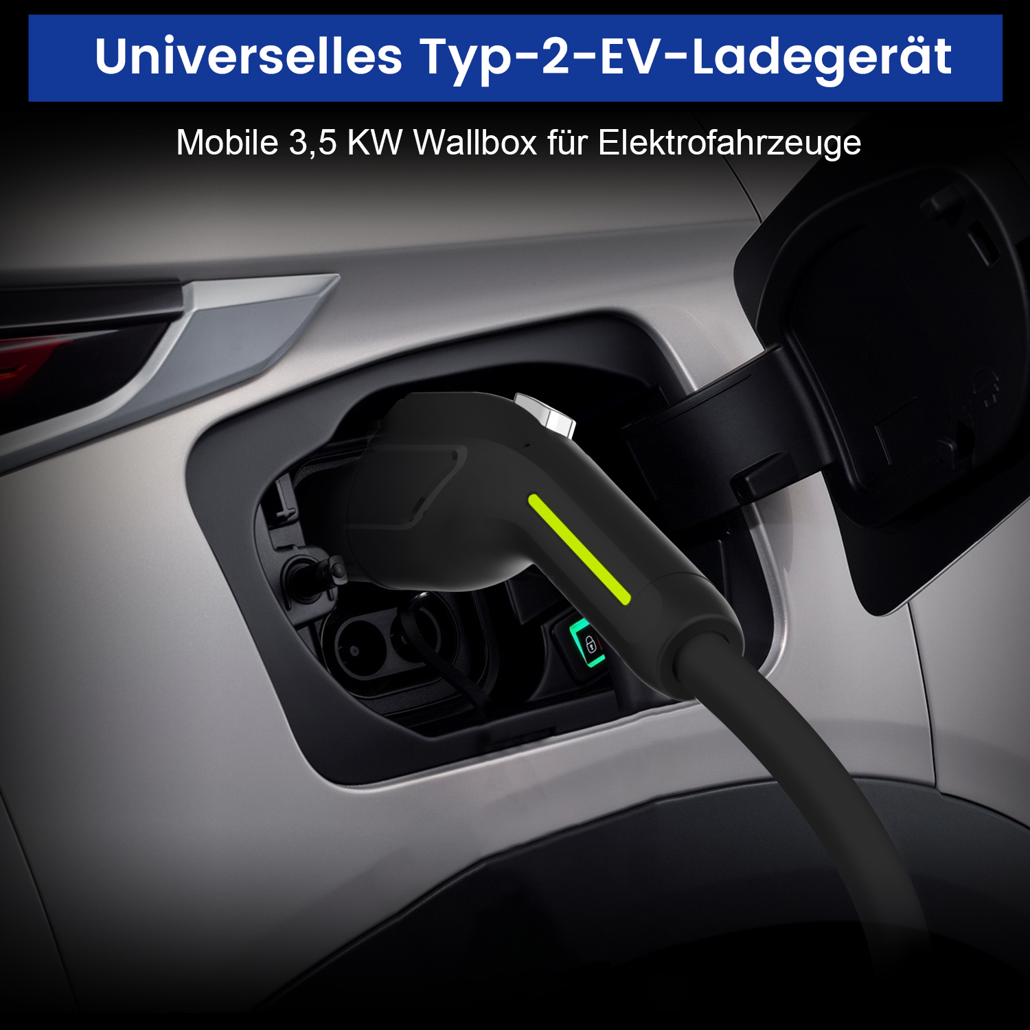 Ein EV-Ladegerät ist an ein Auto angeschlossen. Ein grünes Licht zeigt das Laden an. Der Text lautet 'Universelles Typ-2-EV-Ladegerät'.