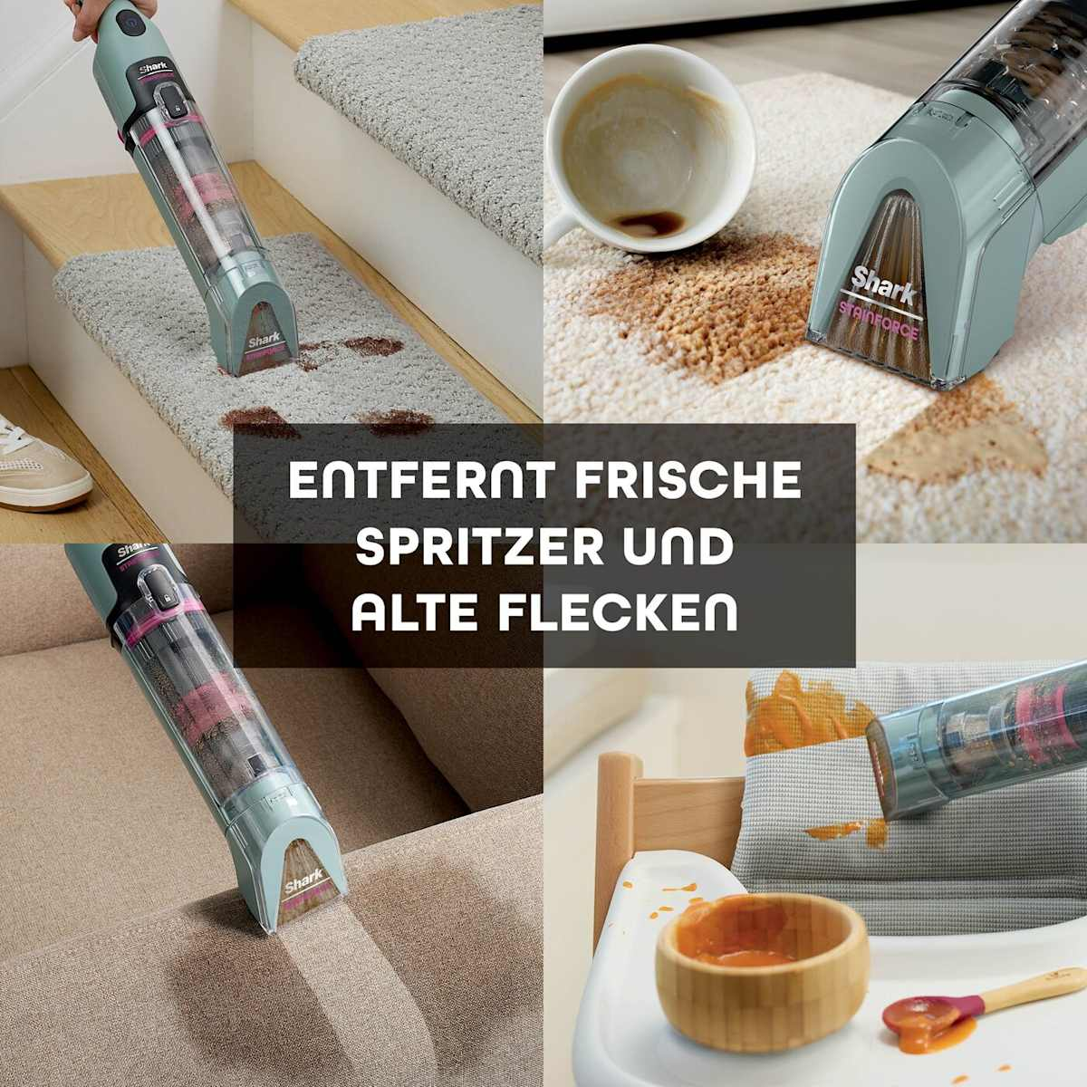 Ein Shark StainForce-Staubsauger reinigt verschiedene Flecken: Kaffee auf einem Teppich, Essen auf einem Stuhl und Schmutz auf Treppen und einem Sofa.