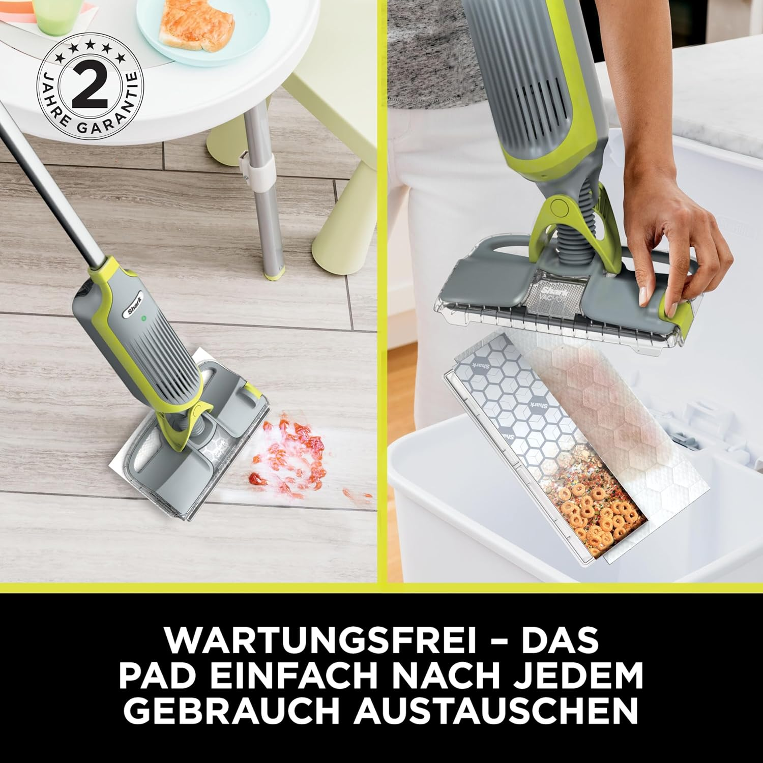Ein Mopp, der Essensflecken auf einem Holzboden reinigt. Der Mopp ist grau und grün. Im Hintergrund ein Tisch und eine Person, die den Mopp hält.