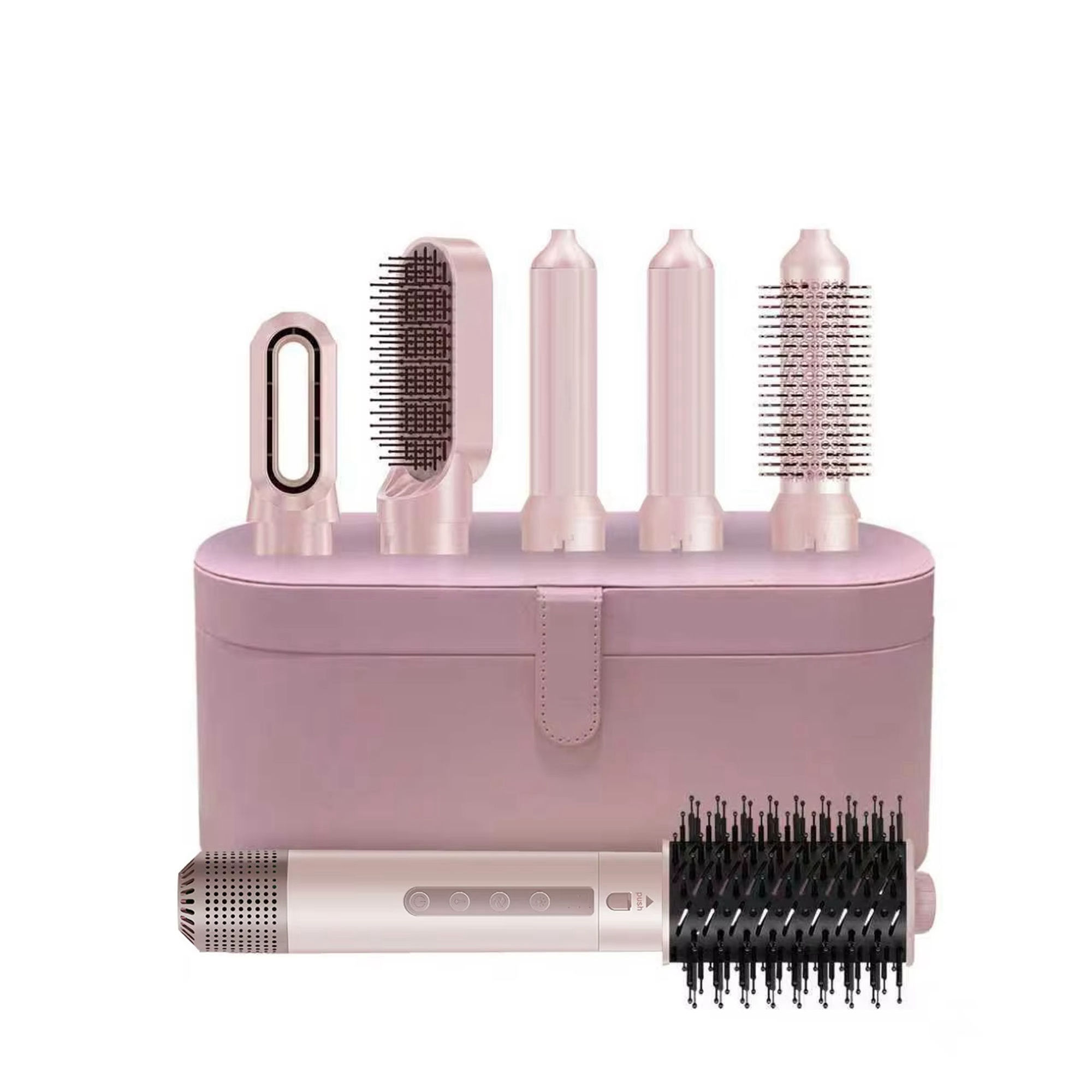 Ein rosa Haarstyling-Set mit mehreren Aufsätzen. Das Set beinhaltet eine Basis, Aufsätze und einen Griff.